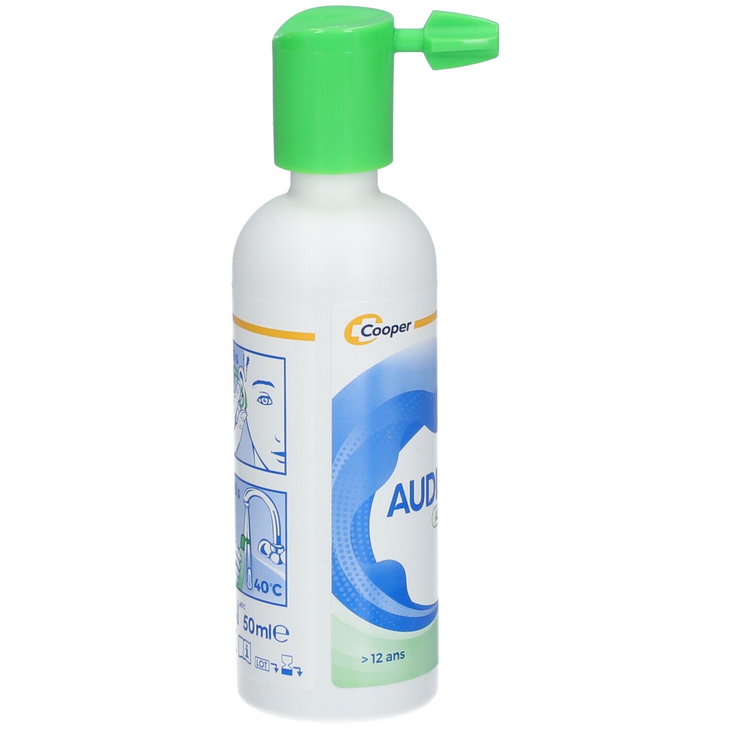AUDISPRAY ADULT Flasche. Weiß, grün. Text: Ohrenhygiene, 50ml, >12 Jahre. Anwendungshinweise.