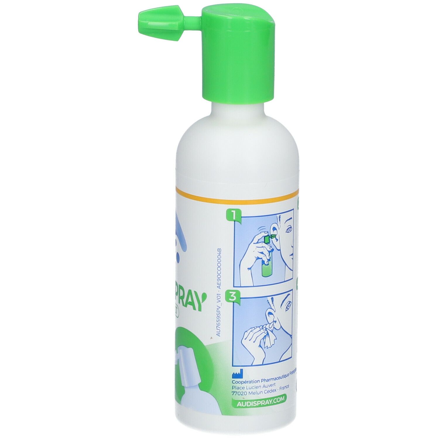 AUDISPRAY ADULT Flasche. Weiß, grün. Text: Ohrenhygiene, Anwendungshinweise.