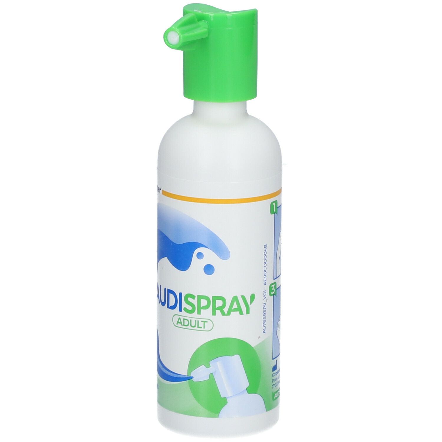 AUDISPRAY ADULT Flasche. Weiß, grün. Text: Ohrenhygiene, Erwachsene.