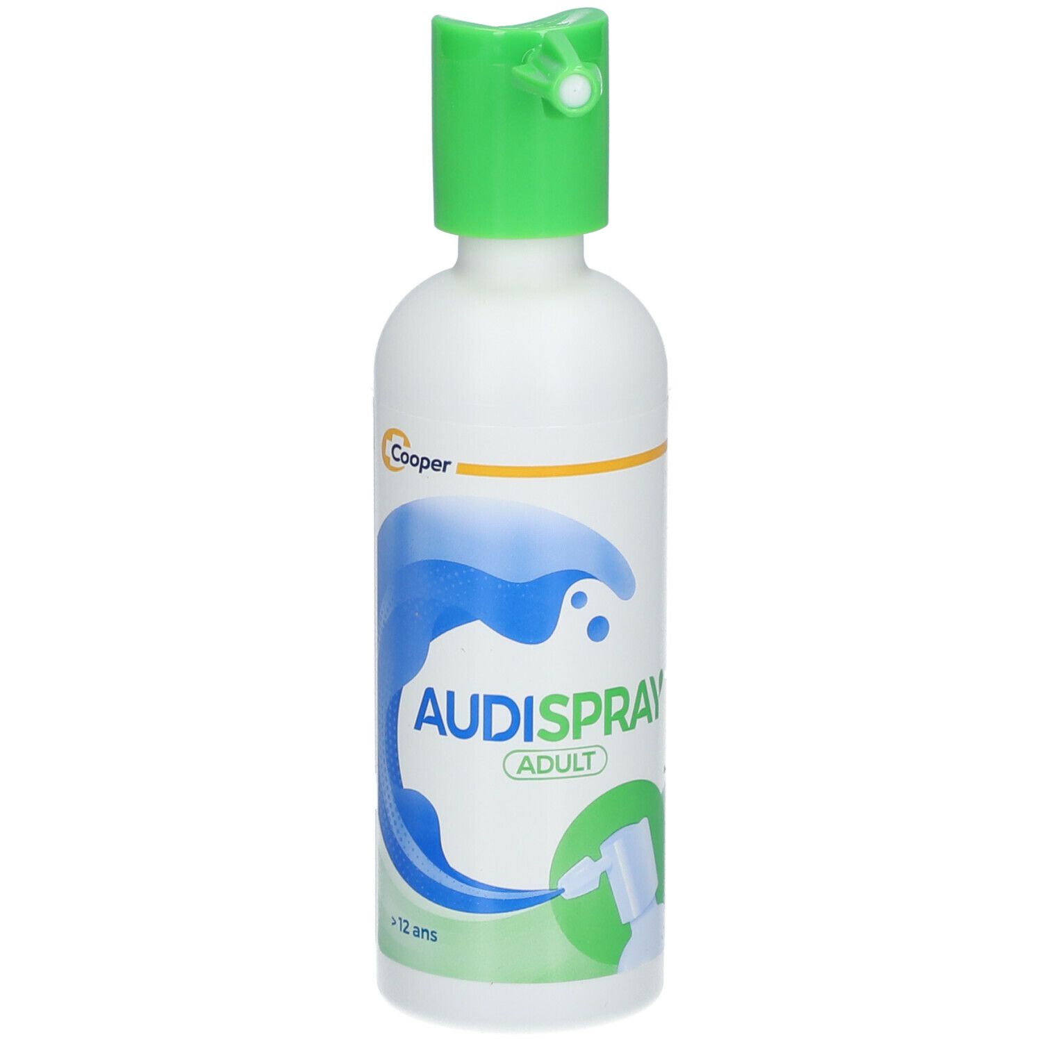 AUDISPRAY ADULT Flasche. Weiß, grün. Text: Ohrenhygiene, 12+.