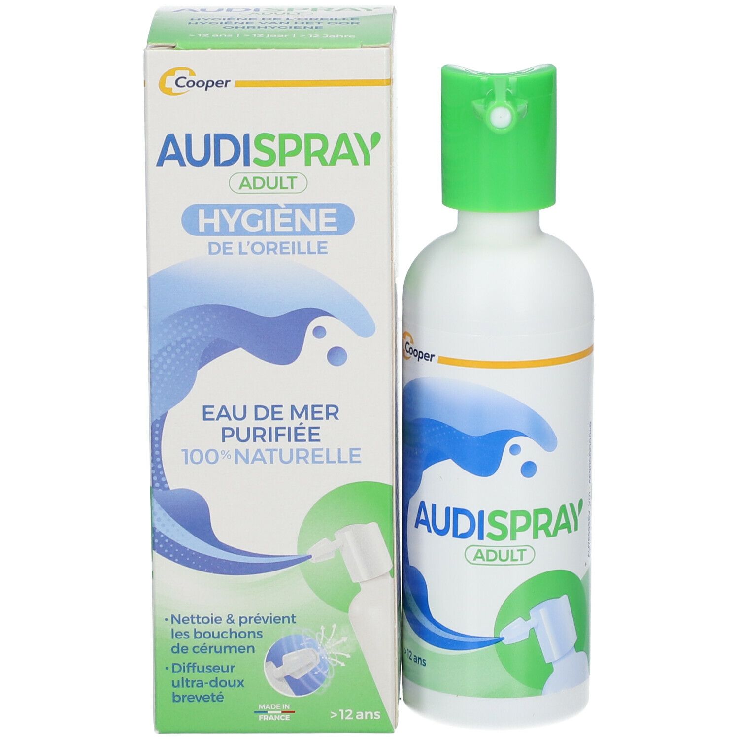 AUDISPRAY ADULT Flasche und Verpackung. Weiß, grün. Text: Ohrenhygiene, Erwachsene, 12+.