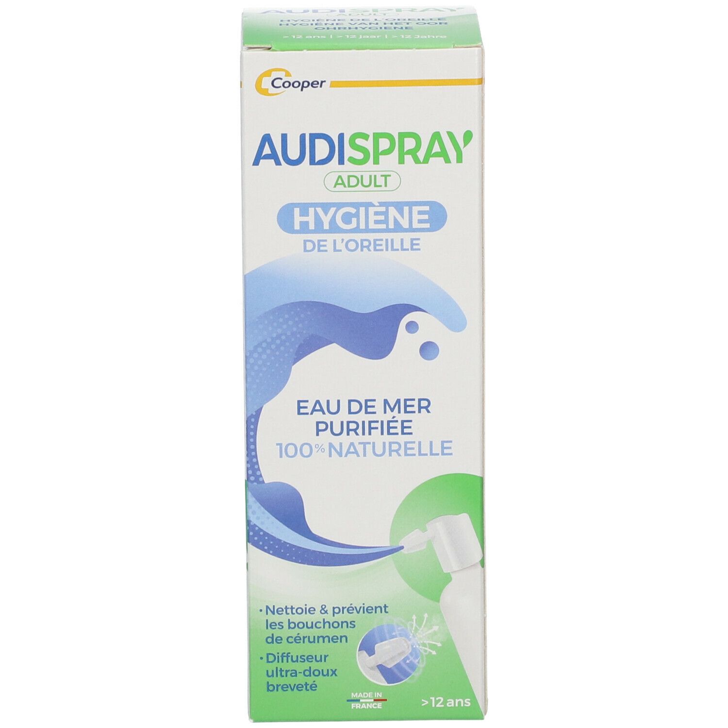 AUDISPRAY ADULT Verpackung. Weiß, blau, grün. Text: Ohrenhygiene, Erwachsene, 12+.