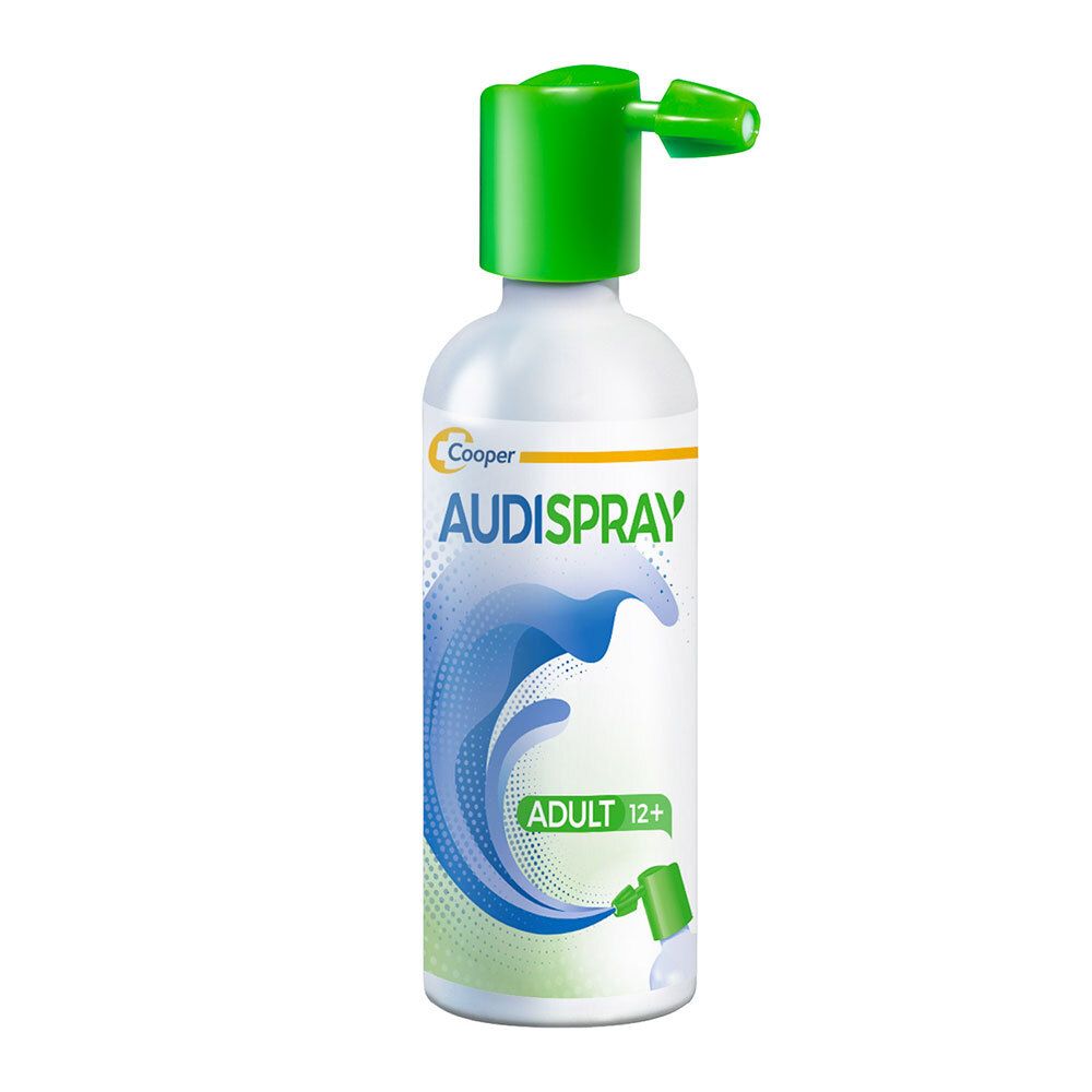 AUDISPRAY ADULT Flasche. Weiß, grün. Text: Ohrenhygiene, 12+. Mit Sprühkopf.