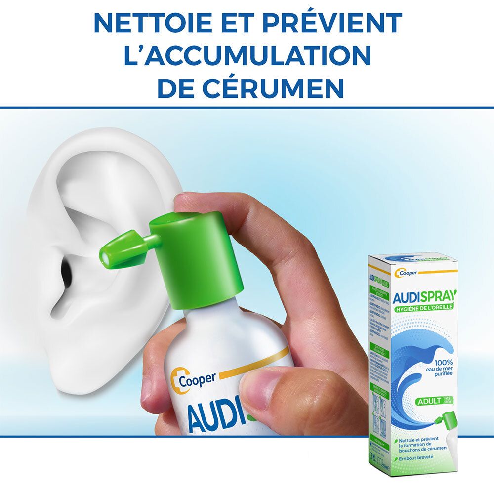 AUDISPRAY ADULT-Flasche und Ohr-Modell. Text: Reinigt und beugt Ohrenschmalz vor.