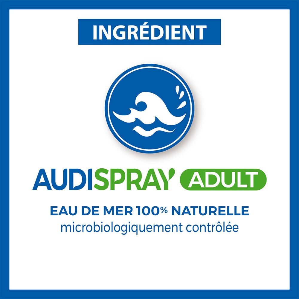 Blaues Quadrat mit Text: Inhaltsstoff, AUDISPRAY ADULT, 100% natürliches Meerwasser.