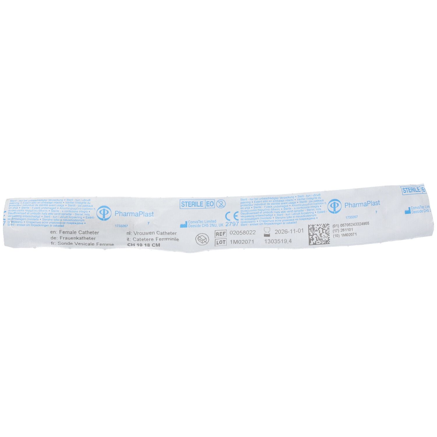 Emballage de cathéter. Inscriptions : PharmaPlast, STERILE EO, marquage CE. Nom du produit : Female Catheter, CH 10, 15 CM.