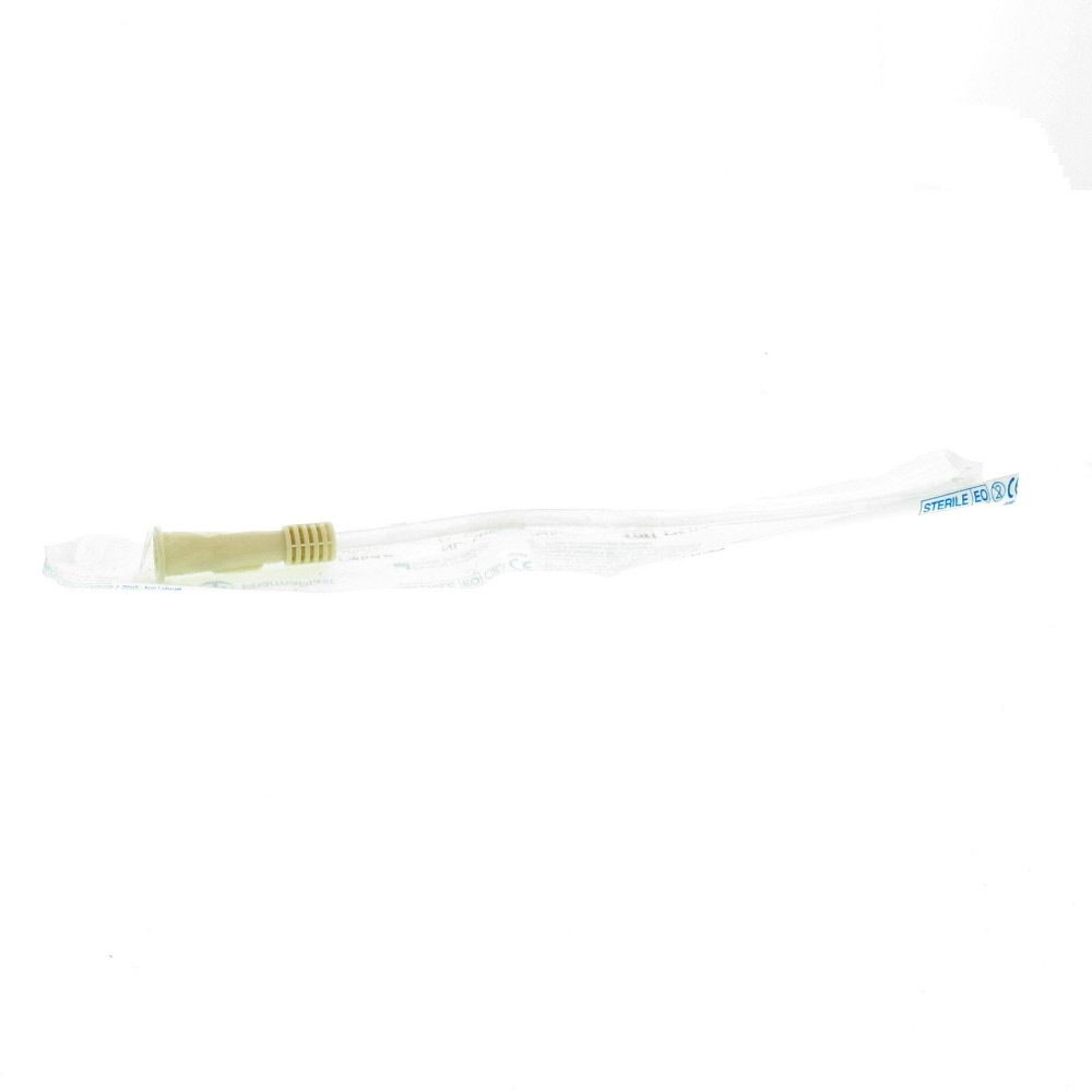 Transparenter Katheter mit gelbem Griff. Einzeln verpackt. Aufschrift: CH12.