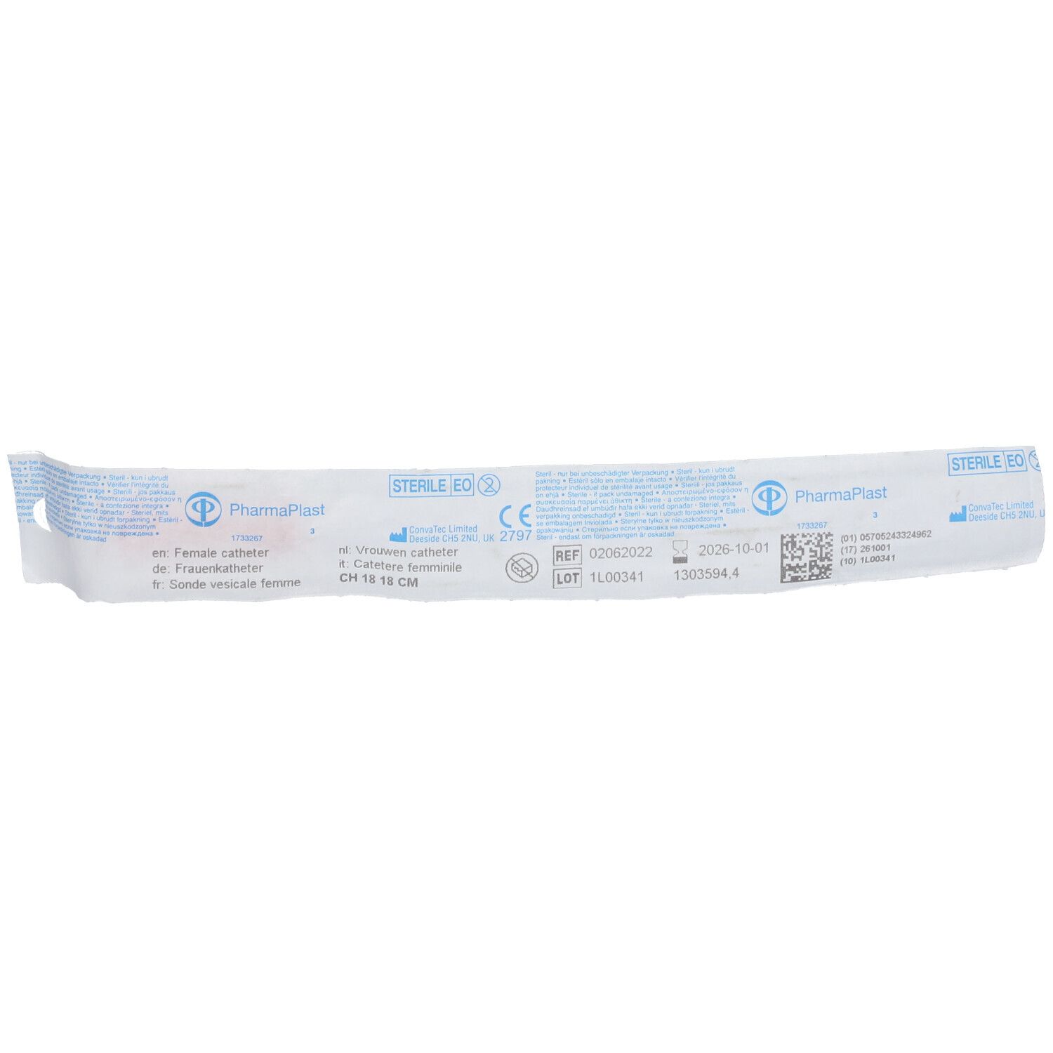 Emballage de cathéter. Inscriptions: PharmaPlast, Sterile EO, CH 18 18 cm. Avec marquage CE et numéro de lot.