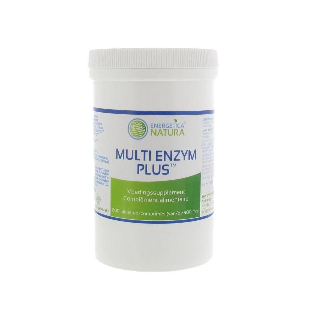 Récipient cylindrique blanc avec bouchon à vis. Inscription : Energetica Natura Multi Enzym Plus. Étiquettes vertes et blanches.