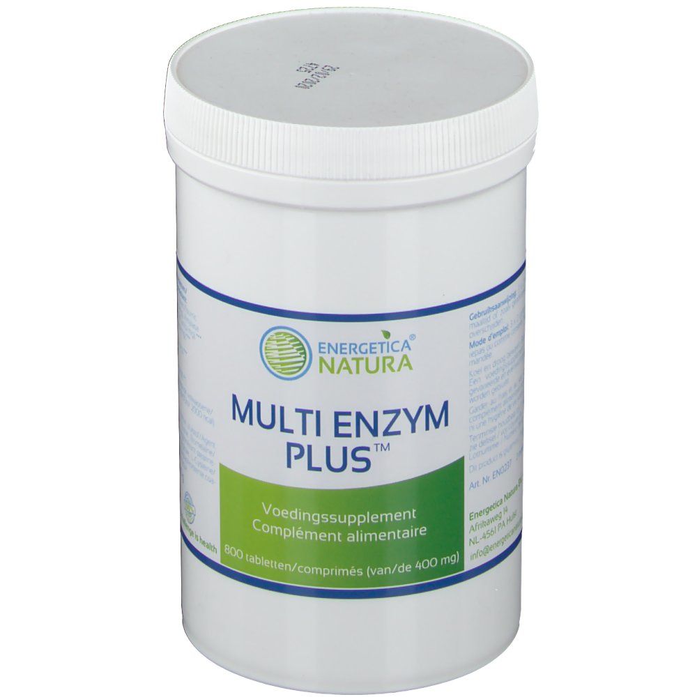 Récipient cylindrique blanc avec bouchon à vis. Inscription : Energetica Natura Multi Enzym Plus. Étiquettes vertes et blanches.