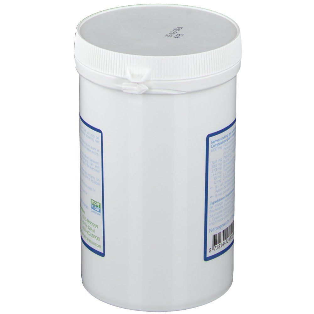 Récipient cylindrique blanc avec bouchon à vis. Étiquette avec informations sur le produit et logos. Vue latérale.