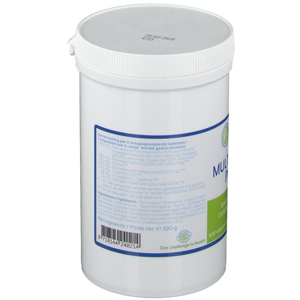 Récipient cylindrique blanc avec bouchon à vis. Étiquette avec informations sur le produit et logos. Vue latérale.