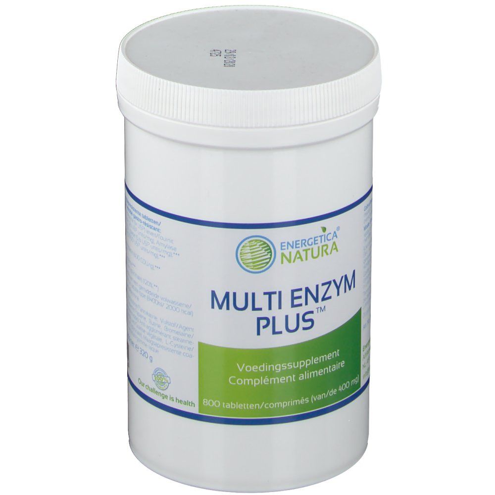 Récipient cylindrique blanc avec bouchon à vis. Inscription : Energetica Natura Multi Enzym Plus. Étiquettes vertes et blanches.