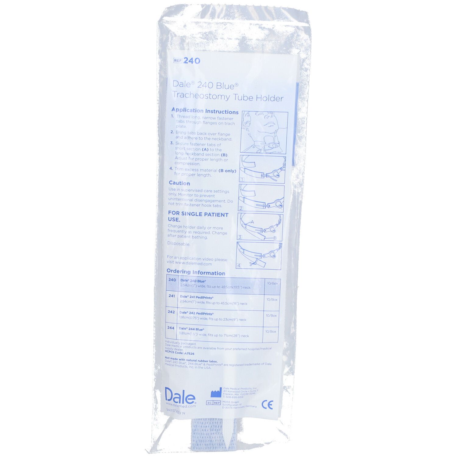 Dale 240, support de tube de trachéotomie blanc, emballé. Nom du produit et instructions d'utilisation sur l'emballage.