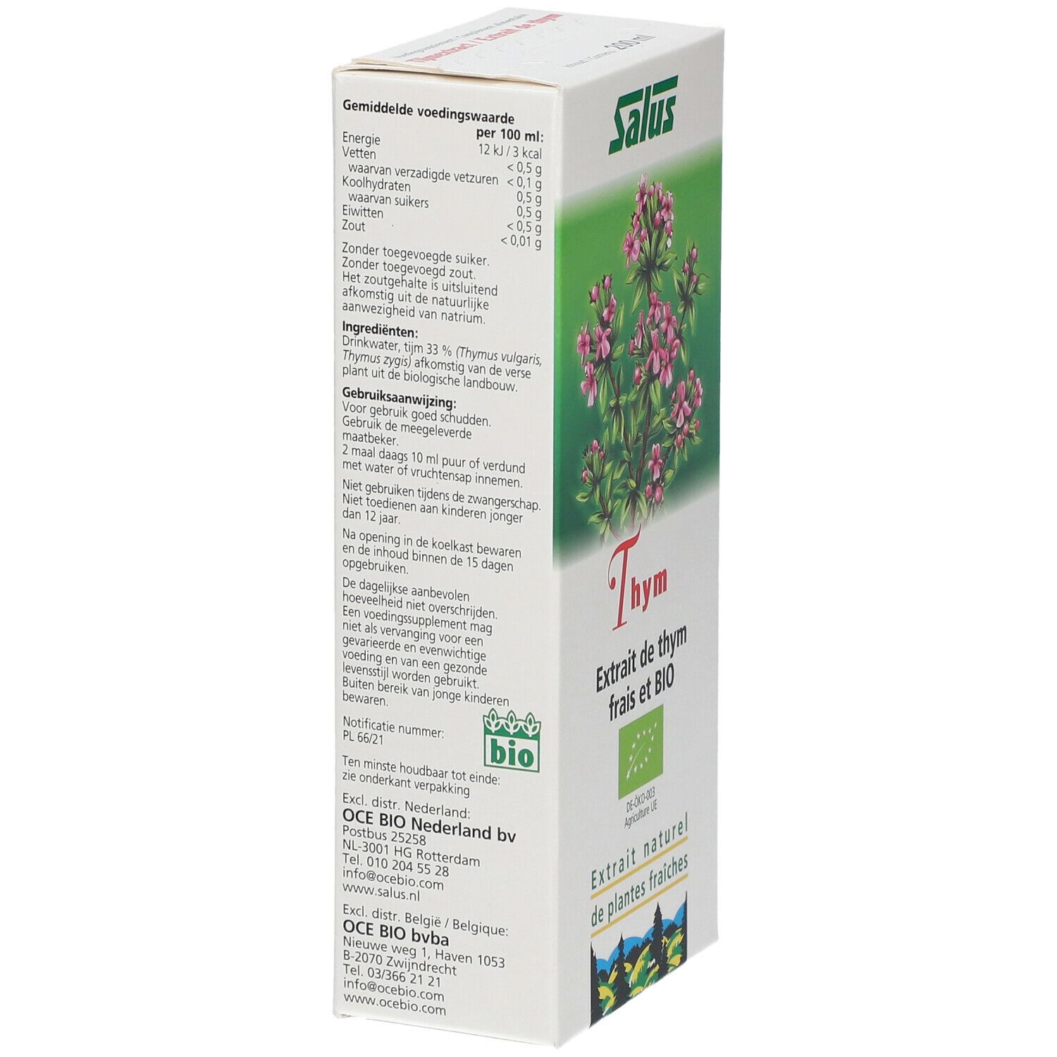 Boîte avec logo Salus et illustration de thym. Texte: Thym, Extrait de thym frais et BIO. Label bio. Informations nutritionnelles.