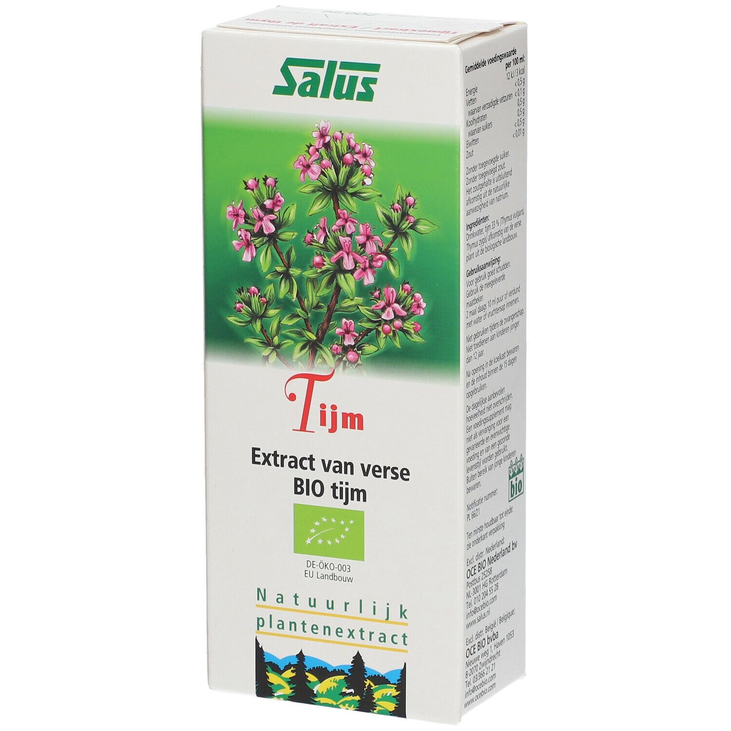 Boîte blanche avec logo Salus et illustration de thym. Texte: Tijm, Extract van verse BIO tijm. Label bio.