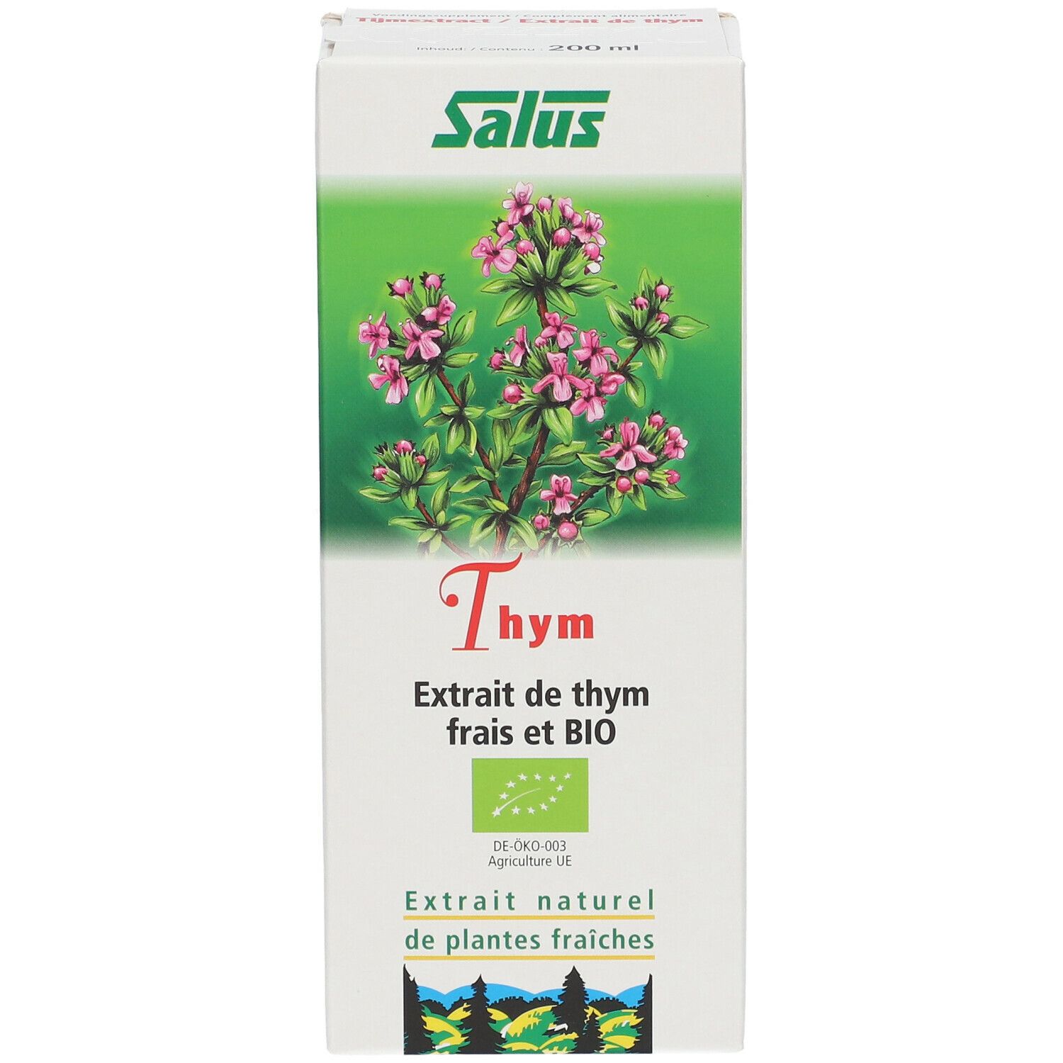 Boîte blanche avec logo Salus et illustration de thym. Texte: Thym, Extrait de thym frais et BIO. Label bio.