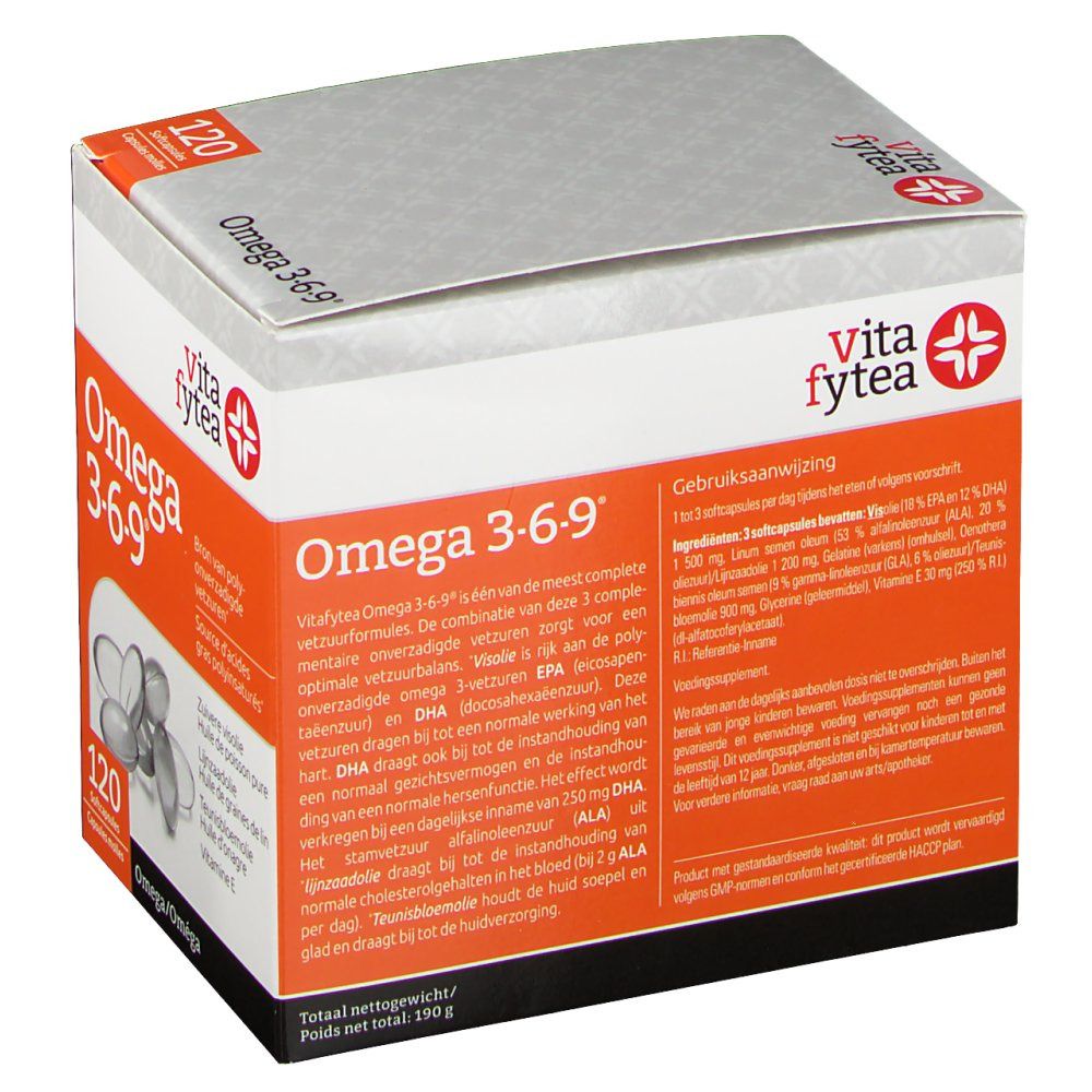 Vitafytea Omega 3-6-9. Verpakking met 120 capsules. Oranje doos met productnaam en logo. Opschrift: Omega 3-6-9.