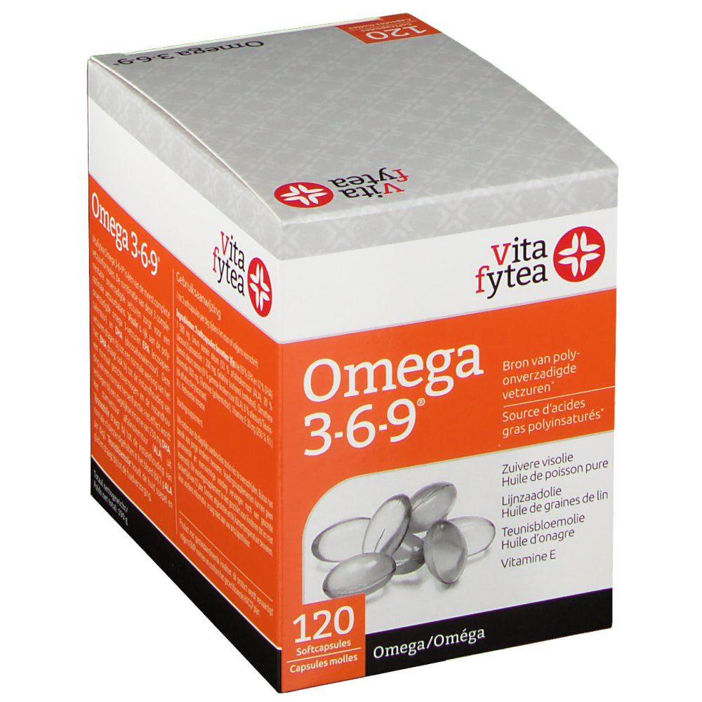 Vitafytea Omega 3-6-9. Schuine weergave van de verpakking met 120 capsules. Oranje doos met productnaam en logo. Opschrift: Omega 3-6-9.