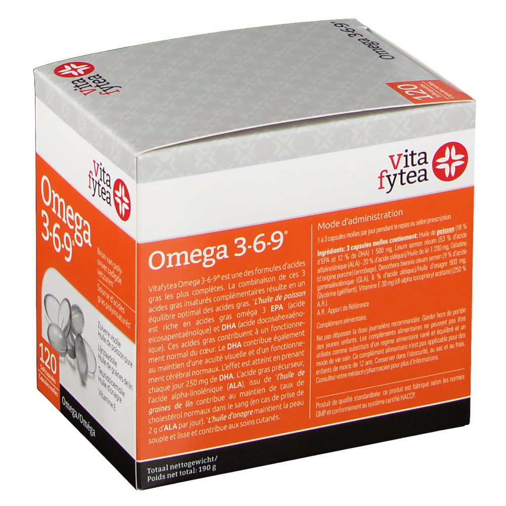 Vitafytea Omega 3-6-9. Verpakking met 120 capsules. Oranje doos met productnaam en logo. Opschrift: Omega 3-6-9.