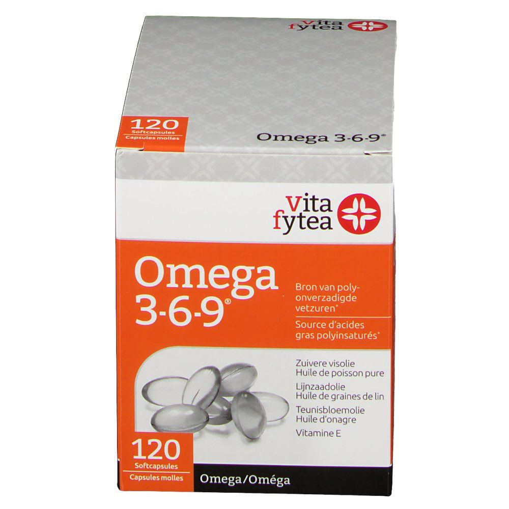 Vitafytea Omega 3-6-9. Verpakking met 120 capsules. Oranje doos met productnaam en logo. Opschrift: Omega 3-6-9.