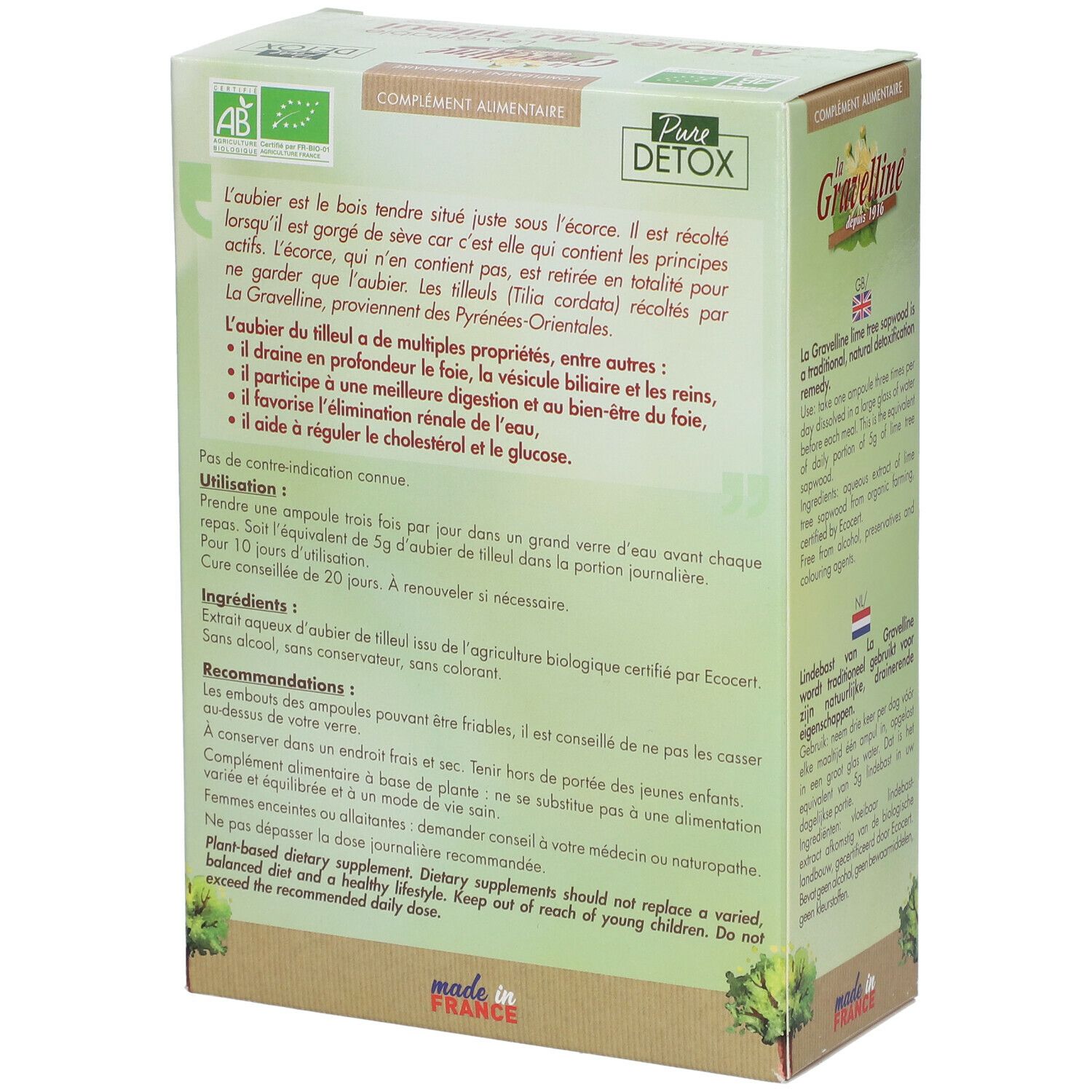Emballage du produit, dos. Texte: La Gravelline, Aubier du Tilleul, ingrédients, conseils d'utilisation. Label AB Bio.