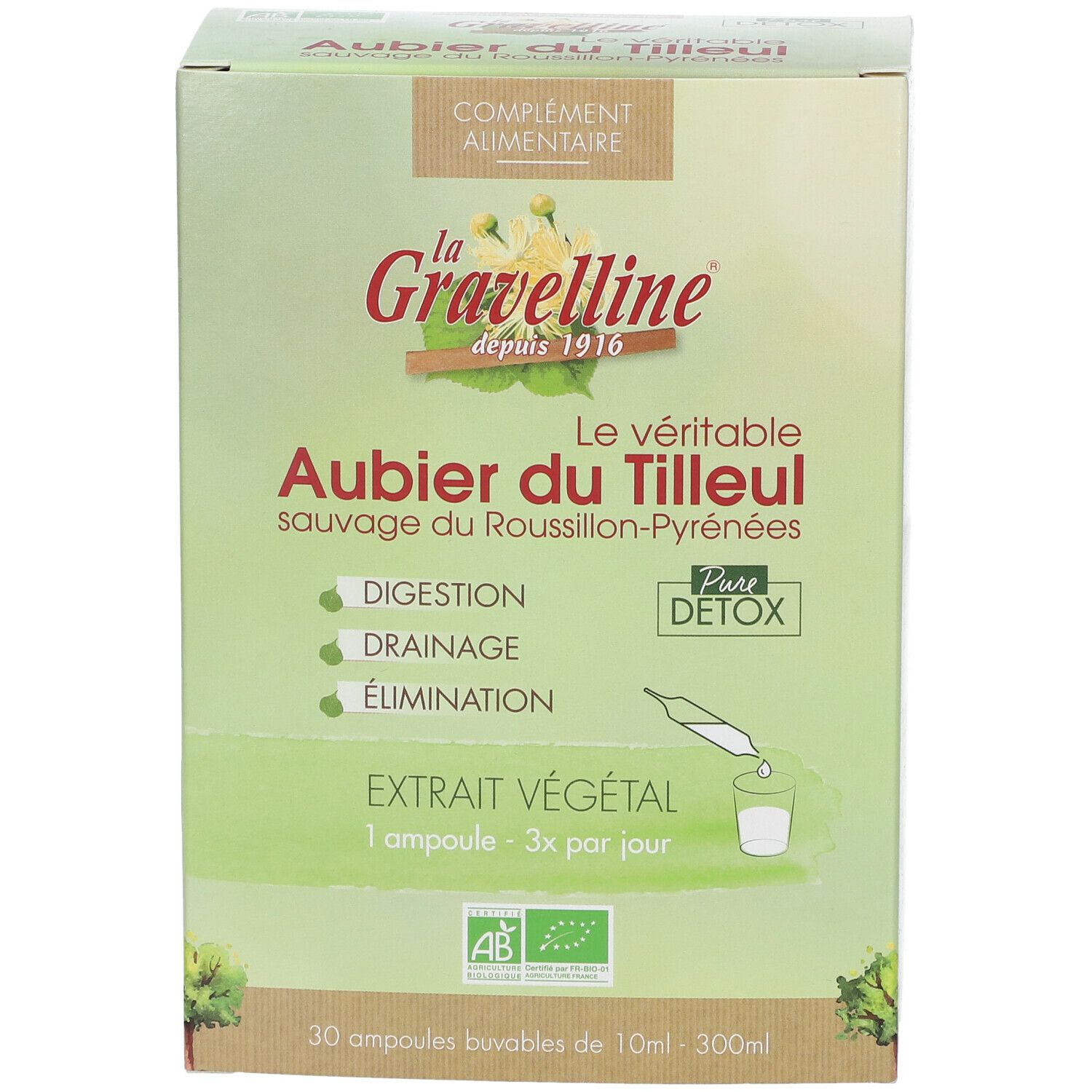 Emballage du produit, vue de face. Texte: La Gravelline, Aubier du Tilleul, Extrait végétal, 30 ampoules. Label AB Bio.