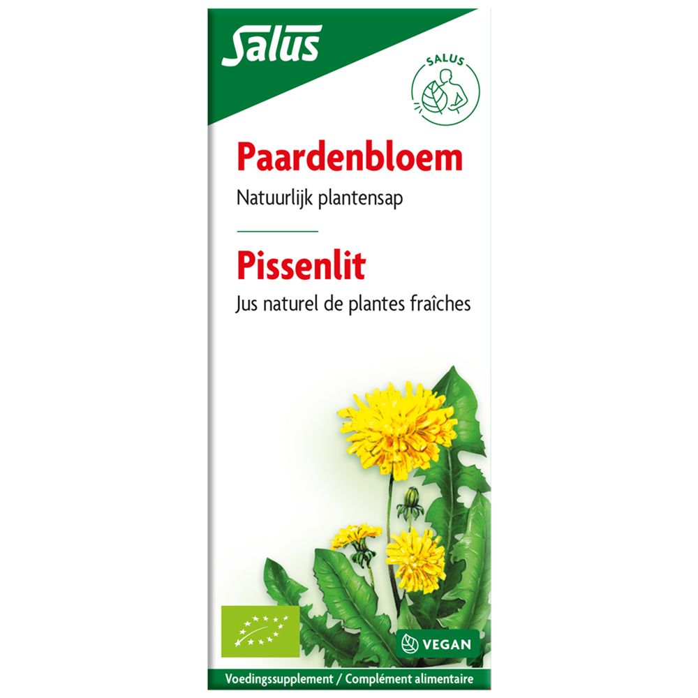 Emballage blanc avec logo Salus et Paardenbloem. Image de fleurs de pissenlit. Texte: Vegan, Complément alimentaire.