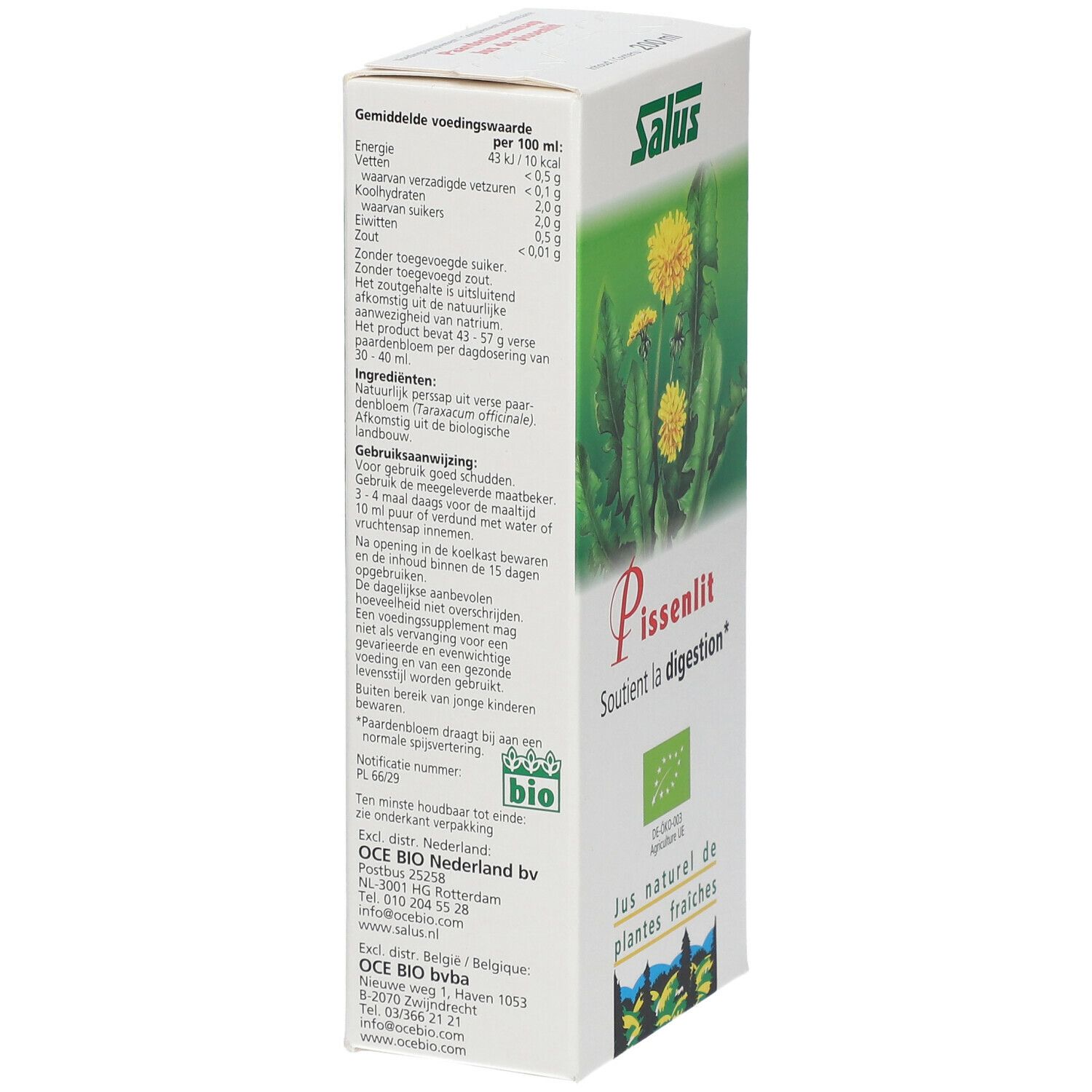 Weiße Schachtel mit Nährwertangaben und Bio-Siegel. Text: Pissenlit, Soutient la digestion. Abbildung von Löwenzahnblüten.