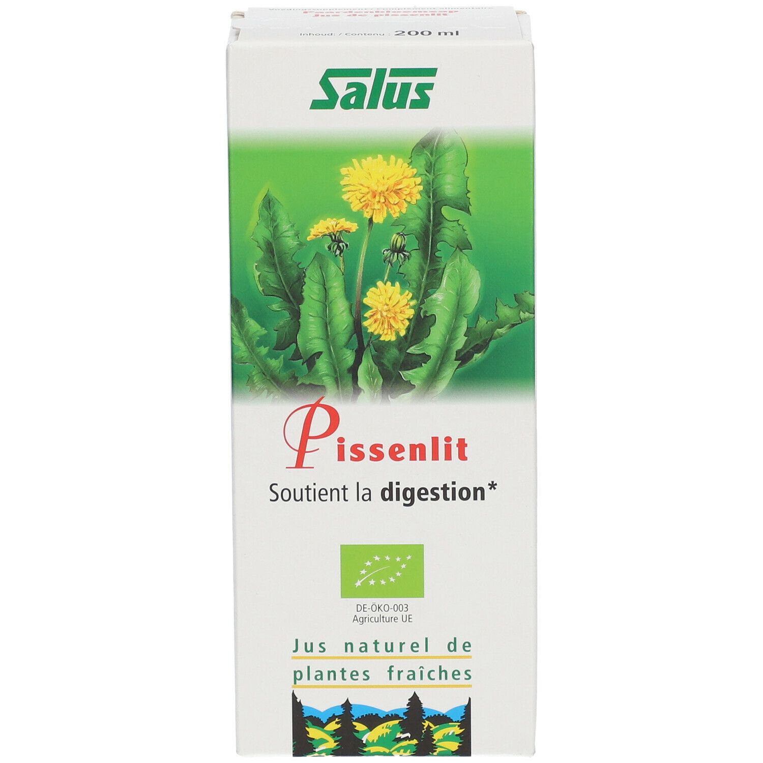 Weißer Karton mit Salus-Logo und Pissenlit-Aufdruck. Abbildung von Löwenzahnblüten. Text: Soutient la digestion. Bio-Siegel.