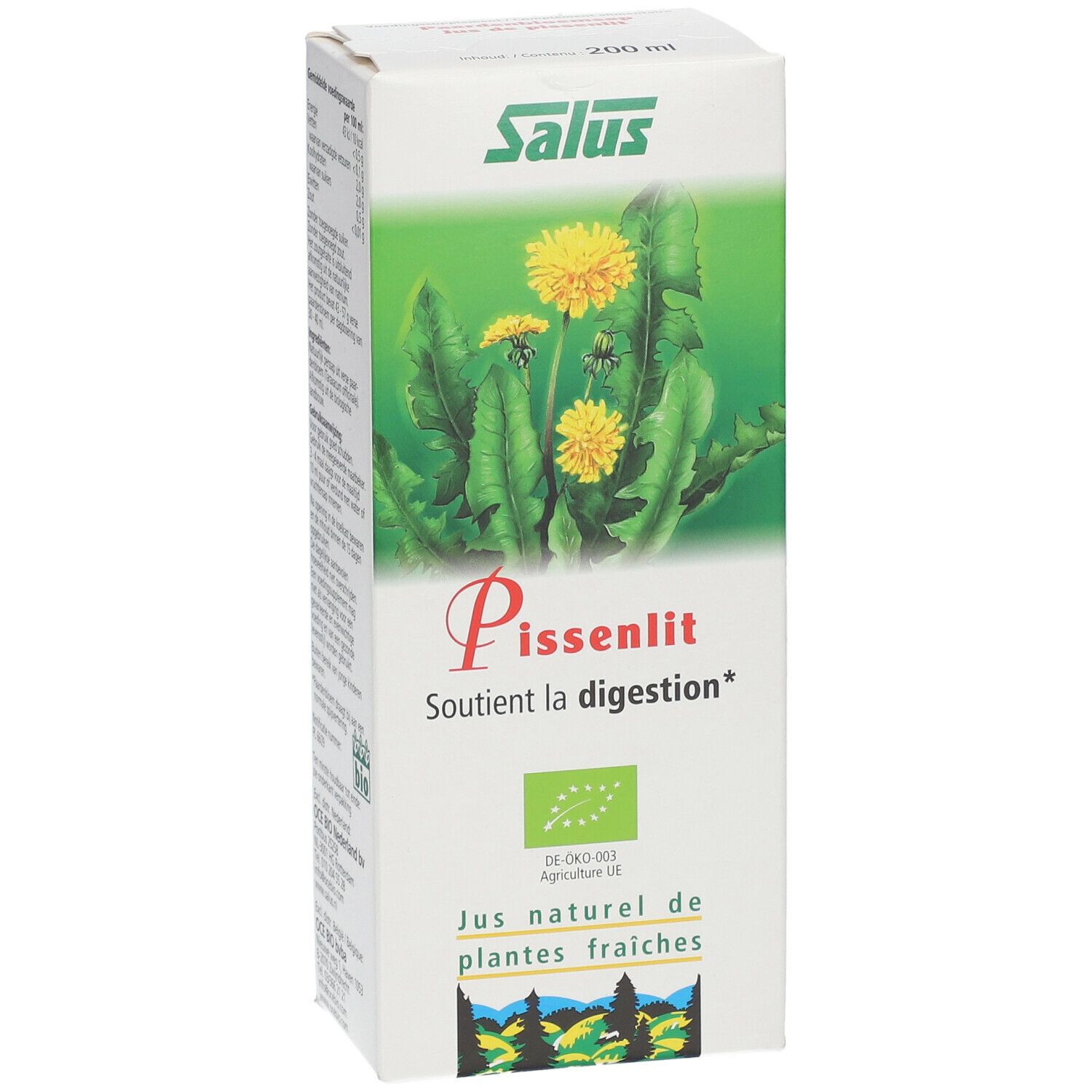 Weißer Karton mit Salus-Logo und Pissenlit-Aufdruck. Abbildung von Löwenzahnblüten. Text: Soutient la digestion. Bio-Siegel.