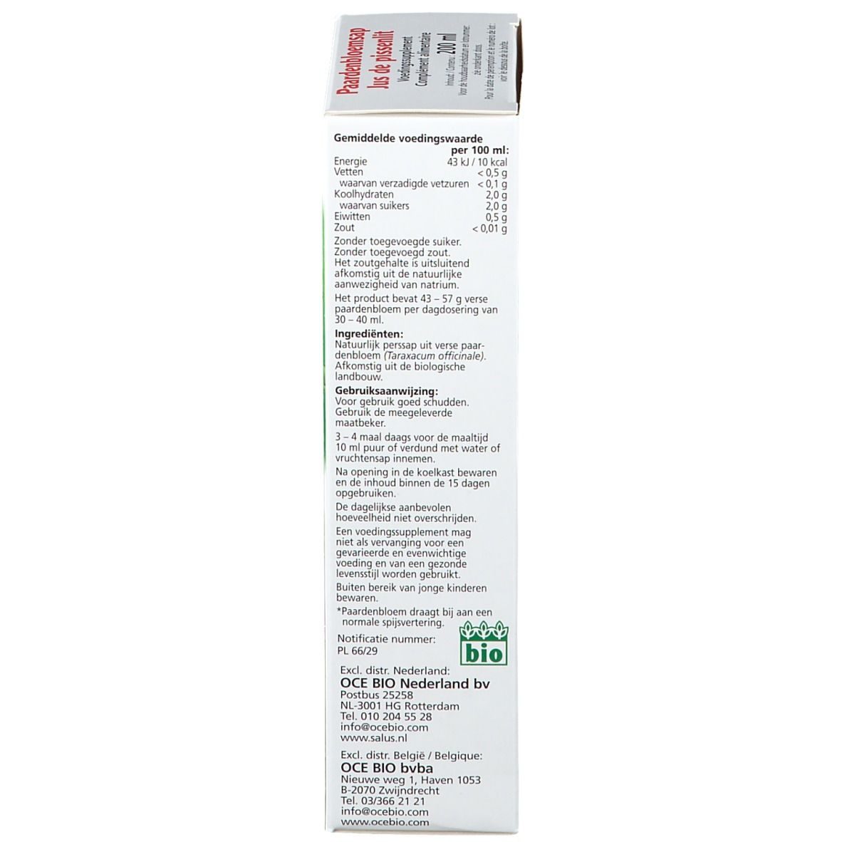 Weiße Schachtel mit Nährwertangaben und Bio-Siegel. Text: Pissenlit, Soutient la digestion. Abbildung von Löwenzahnblüten.