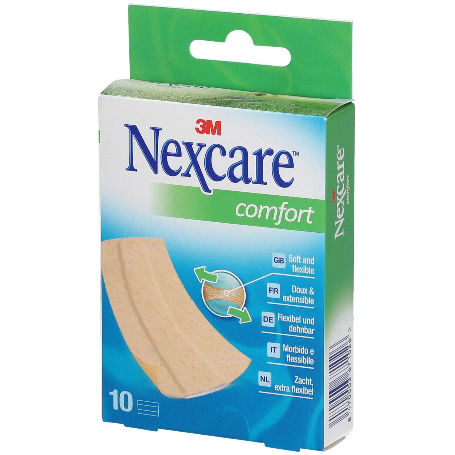 Boîte de pansements Nexcare Comfort. Montre un pansement. 10 pièces. Doux et flexible.