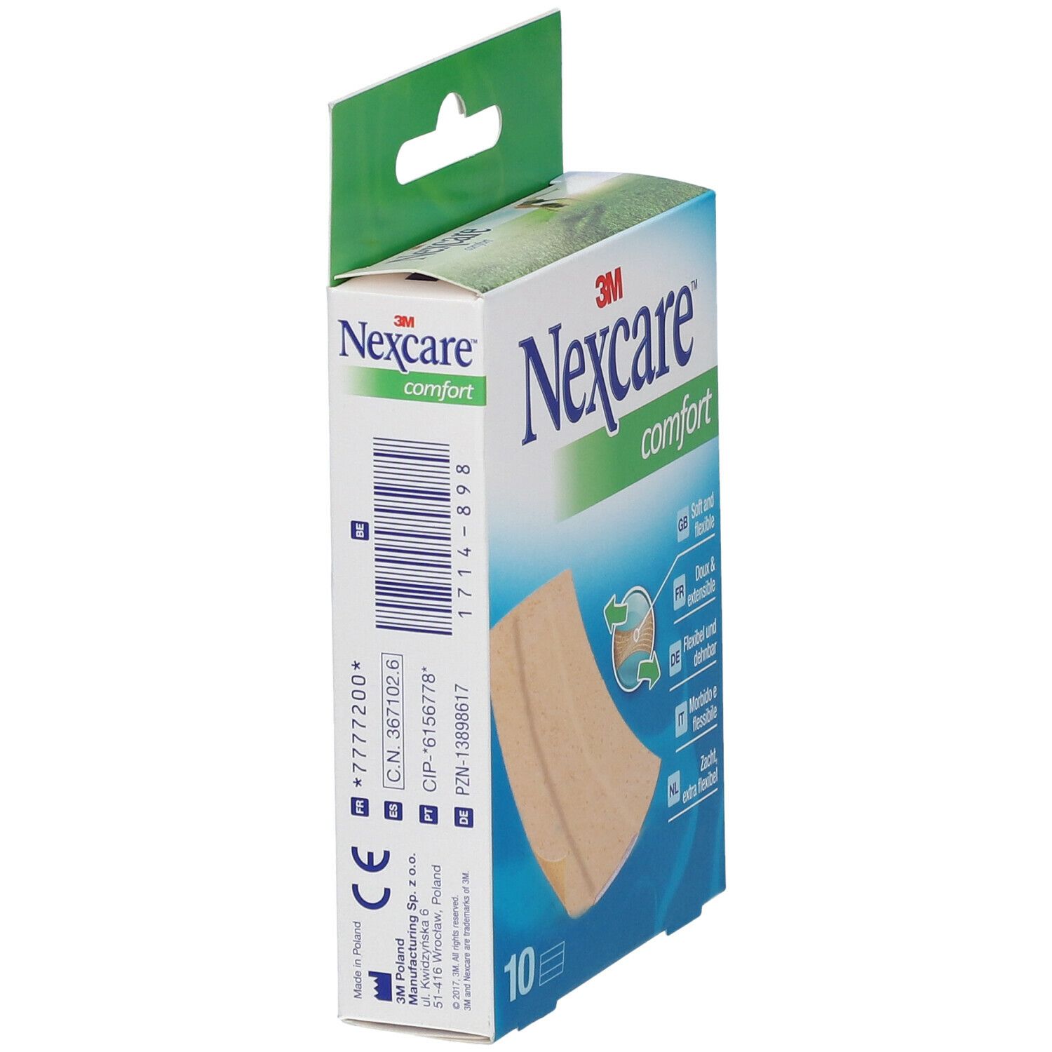 Emballage de pansements Nexcare Comfort. Vue latérale. 10 pièces. Marque CE.