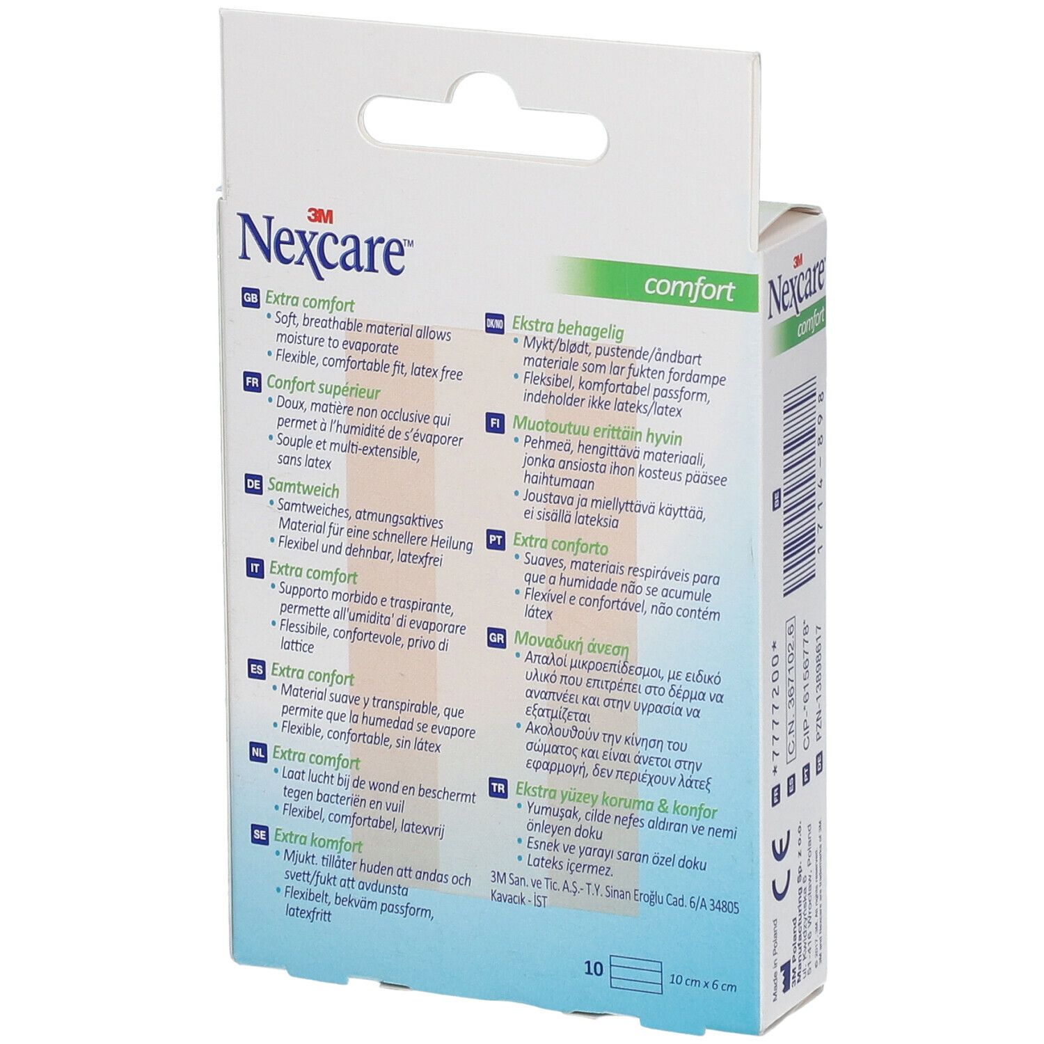 Dos de l'emballage des pansements Nexcare Comfort. Texte multilingue. 10 pièces. Dimensions: 70 x 18 mm.