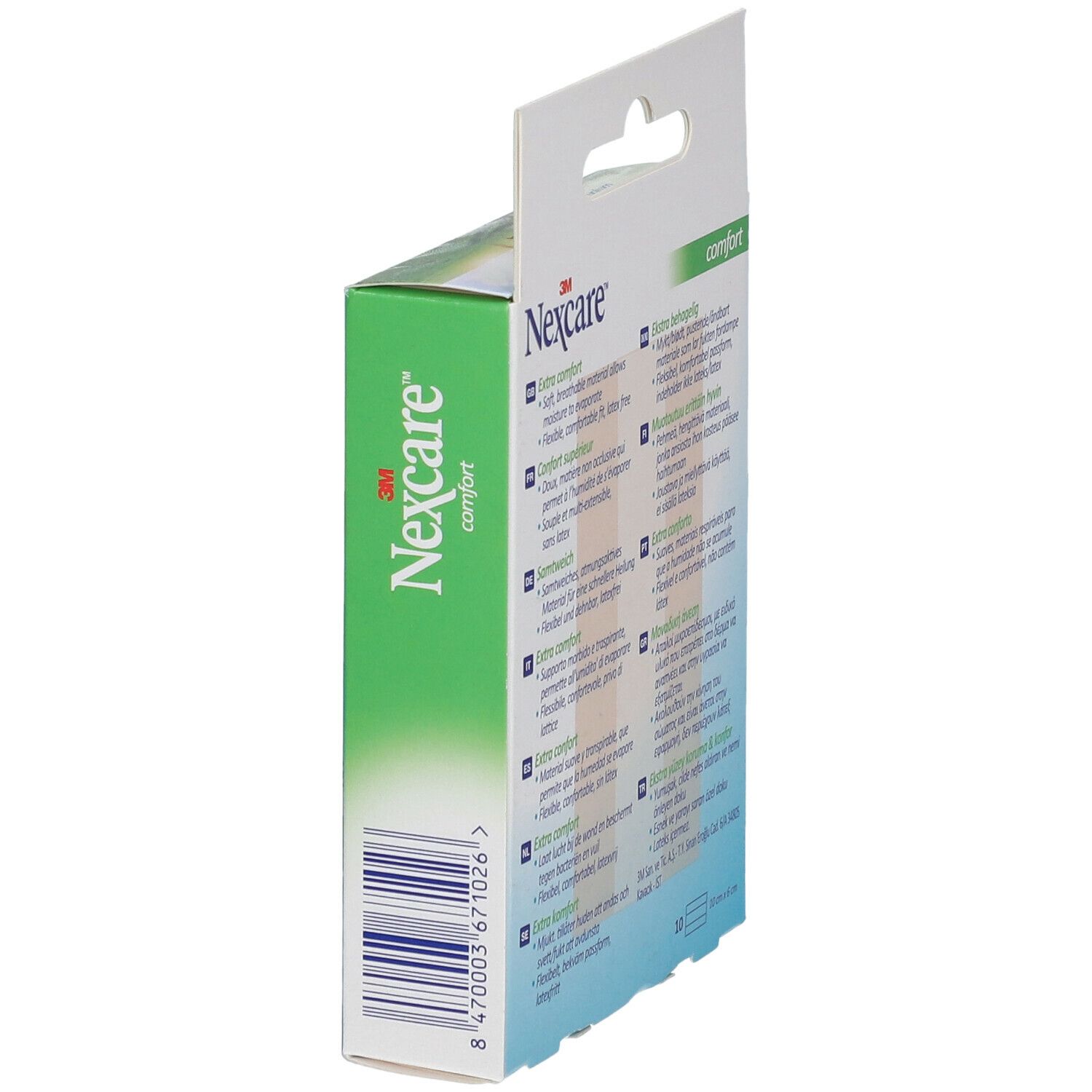 Côté de l'emballage des pansements Nexcare Comfort. Code-barres. Texte multilingue.