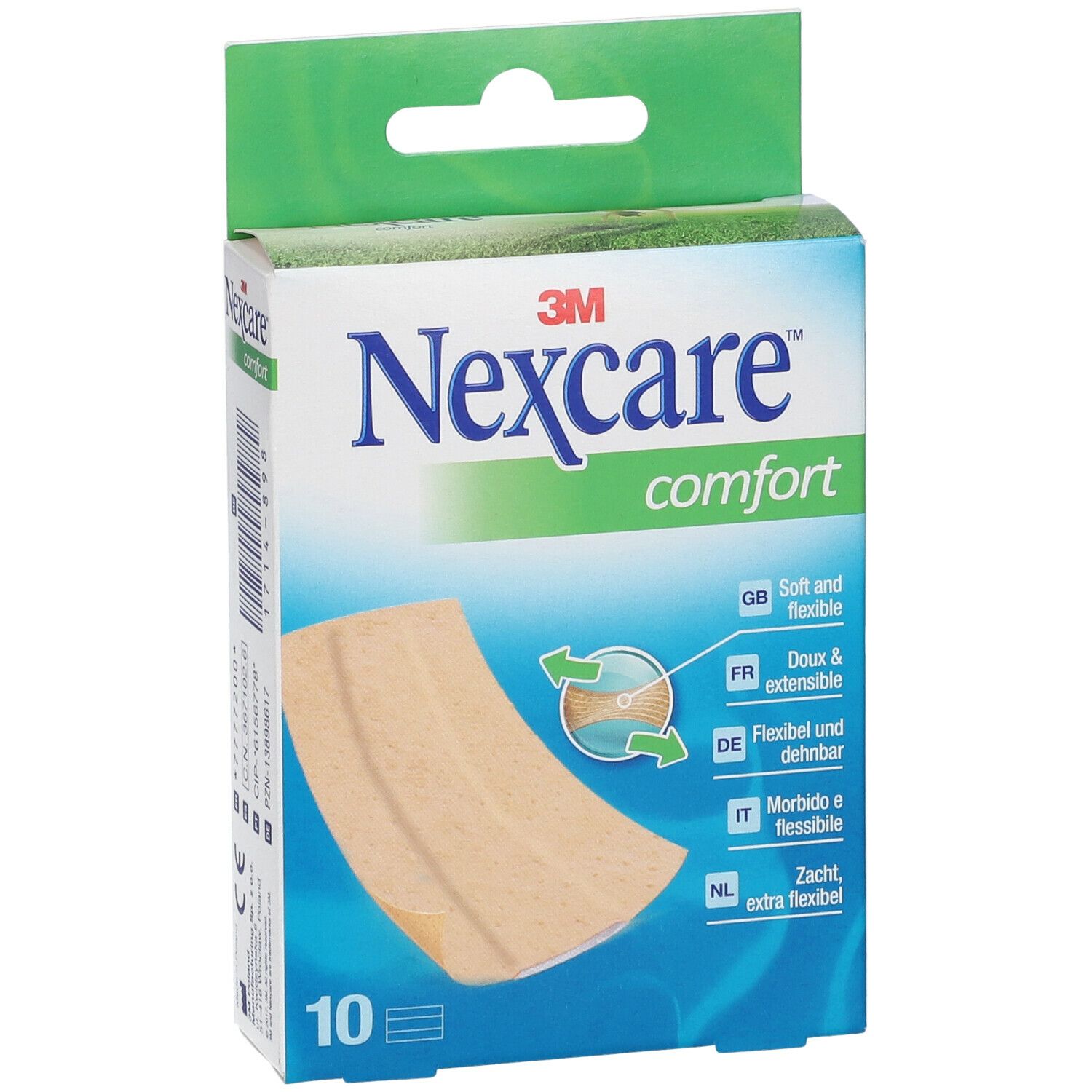Boîte de pansements Nexcare Comfort. Montre un pansement. 10 pièces. Doux et extensible.