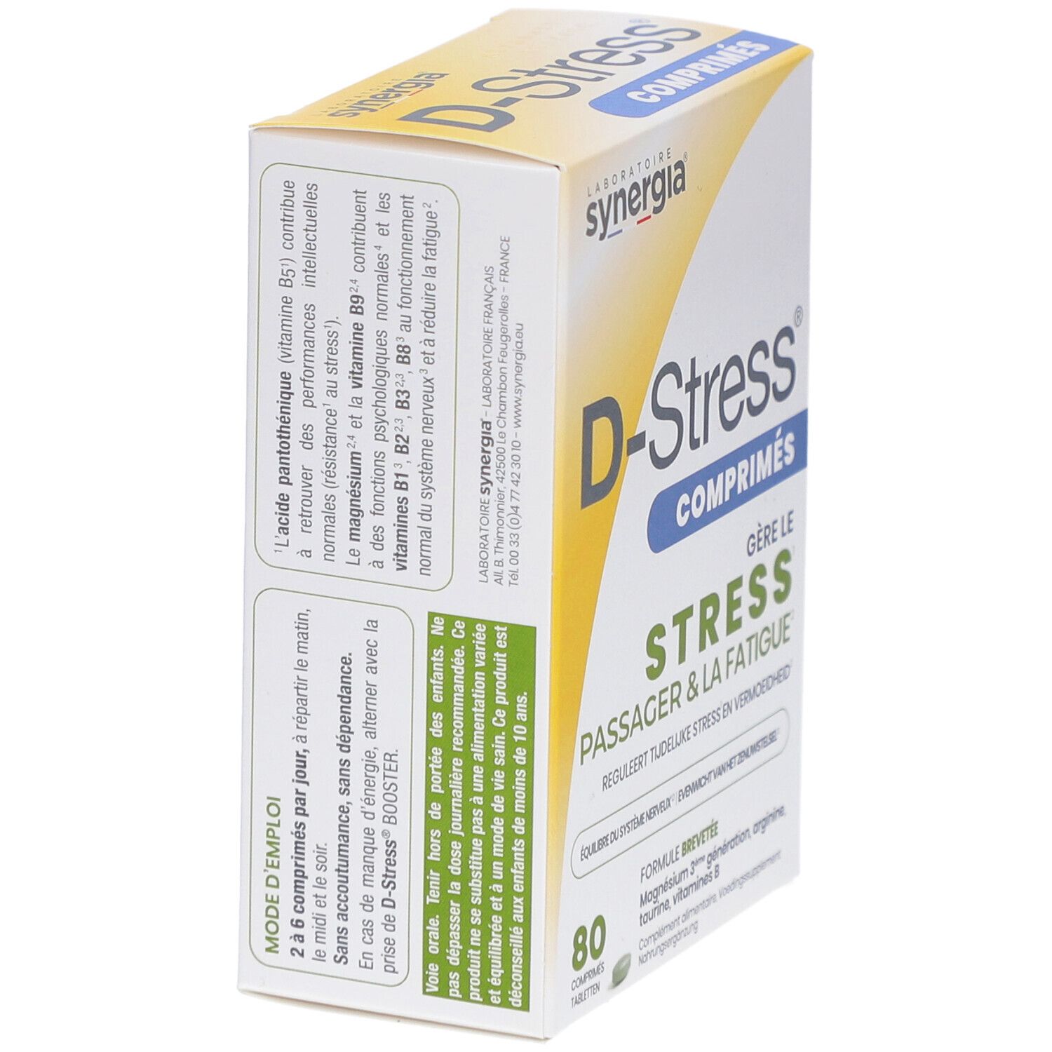D-Stress Tabletten-Packung. Rückseite mit Text. Enthält 80 Tabletten. Marke Synergia. Informationen zu Inhaltsstoffen und Anwendung.
