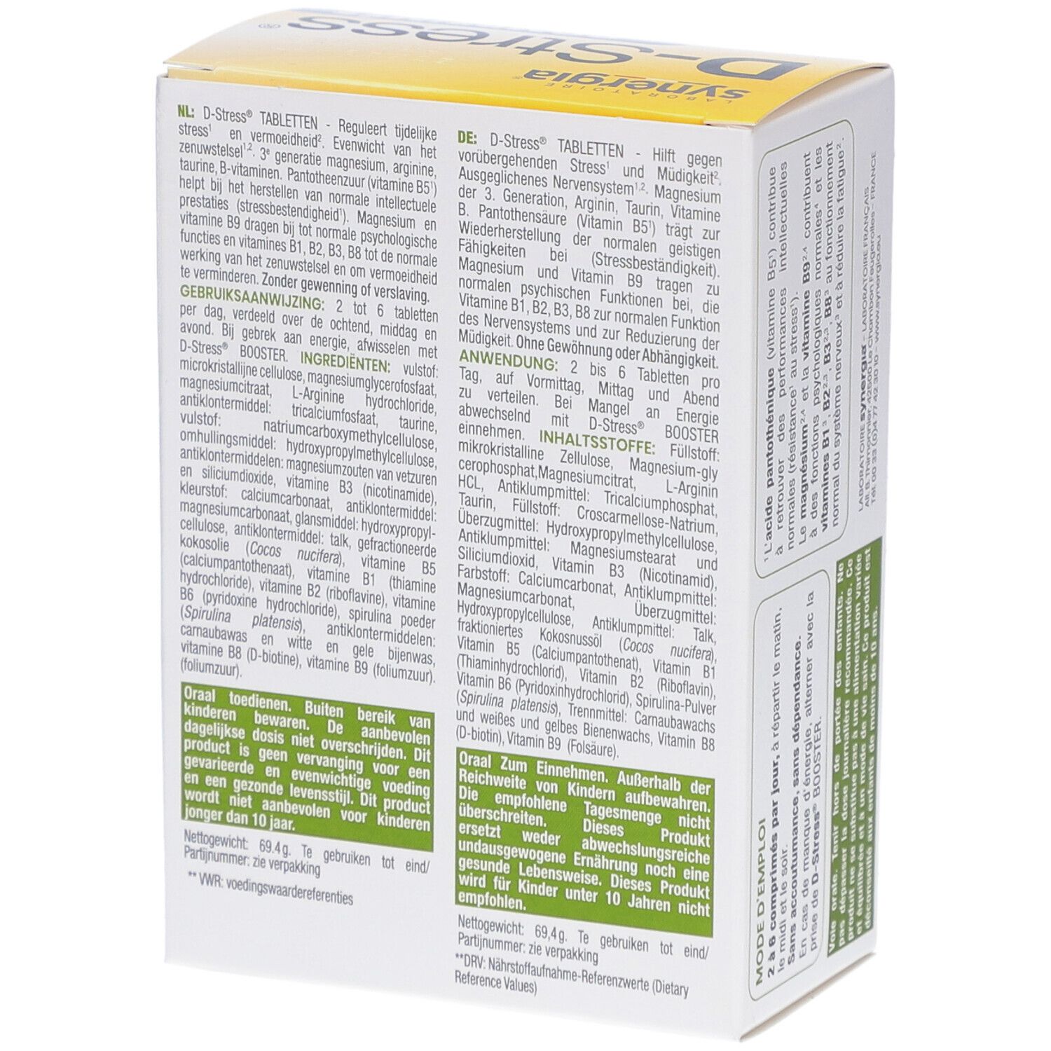 D-Stress Tabletten-Packung. Rückseite mit Text. Enthält 80 Tabletten. Marke Synergia. Informationen zu Inhaltsstoffen und Anwendung.