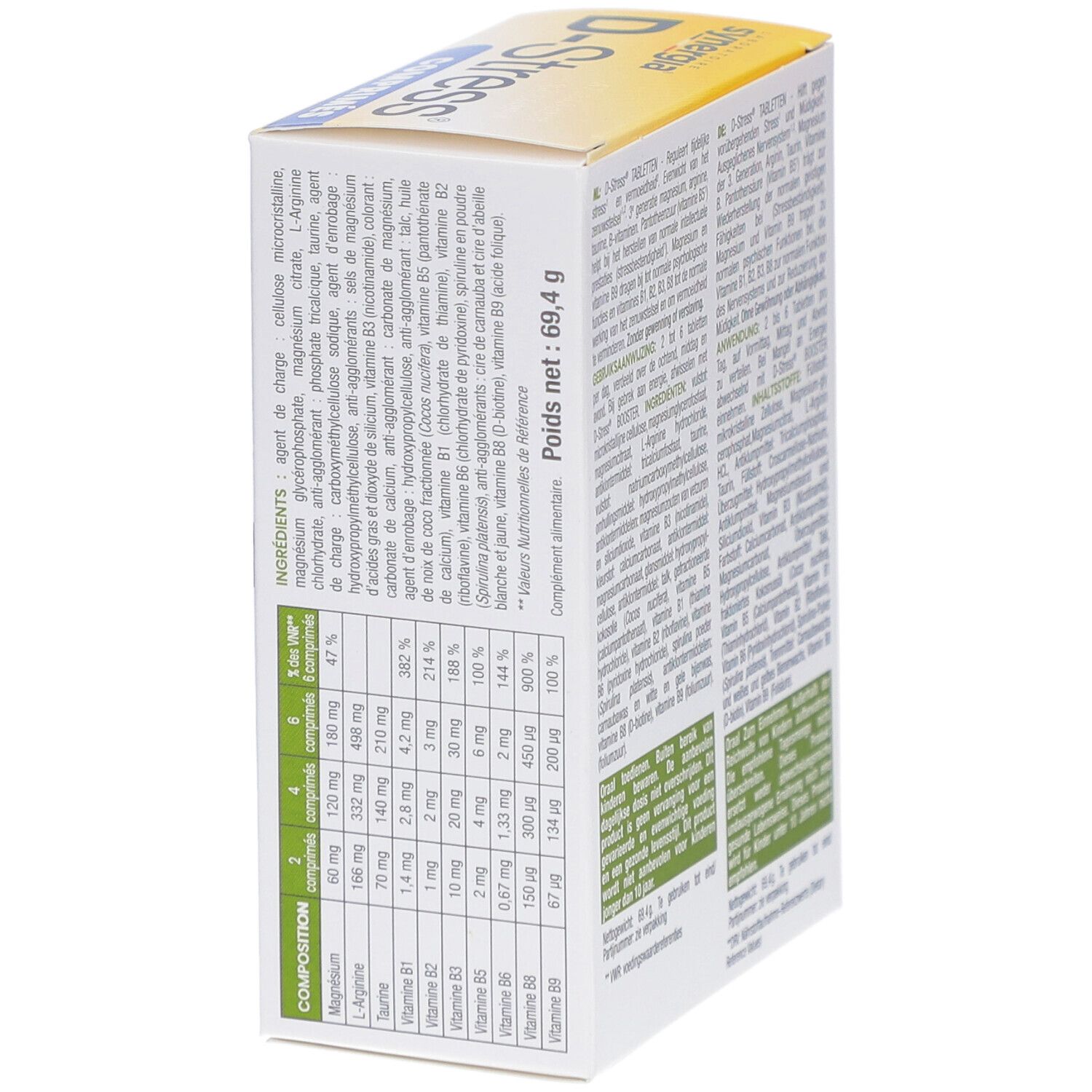 D-Stress Tabletten-Packung. Seite mit Inhaltsstoffangaben. Marke Synergia. Enthält 80 Tabletten. Gewicht: 69,4 g.