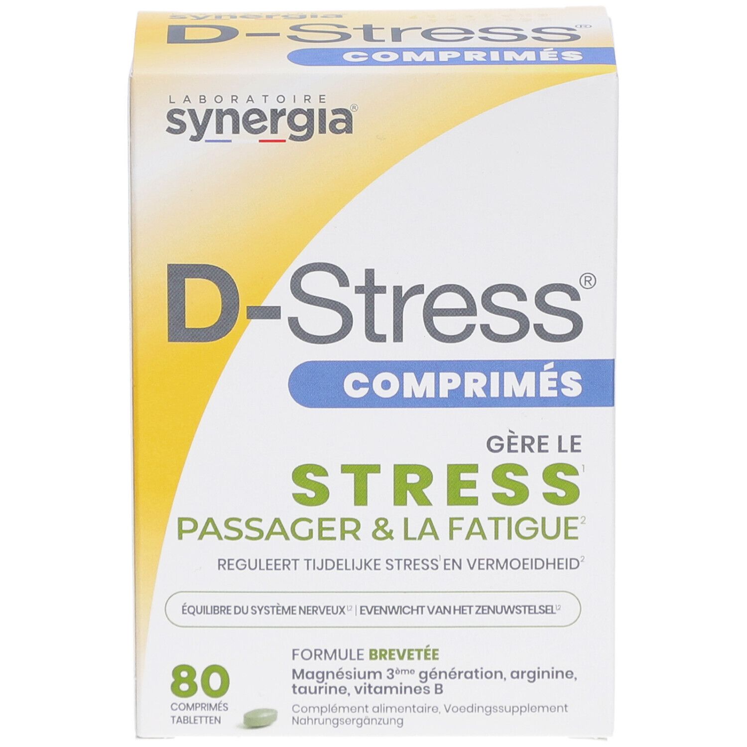 D-Stress Tabletten-Packung. Enthält 80 Tabletten. Aufschrift: Stress reduzieren, Müdigkeit reduzieren. Marke Synergia.