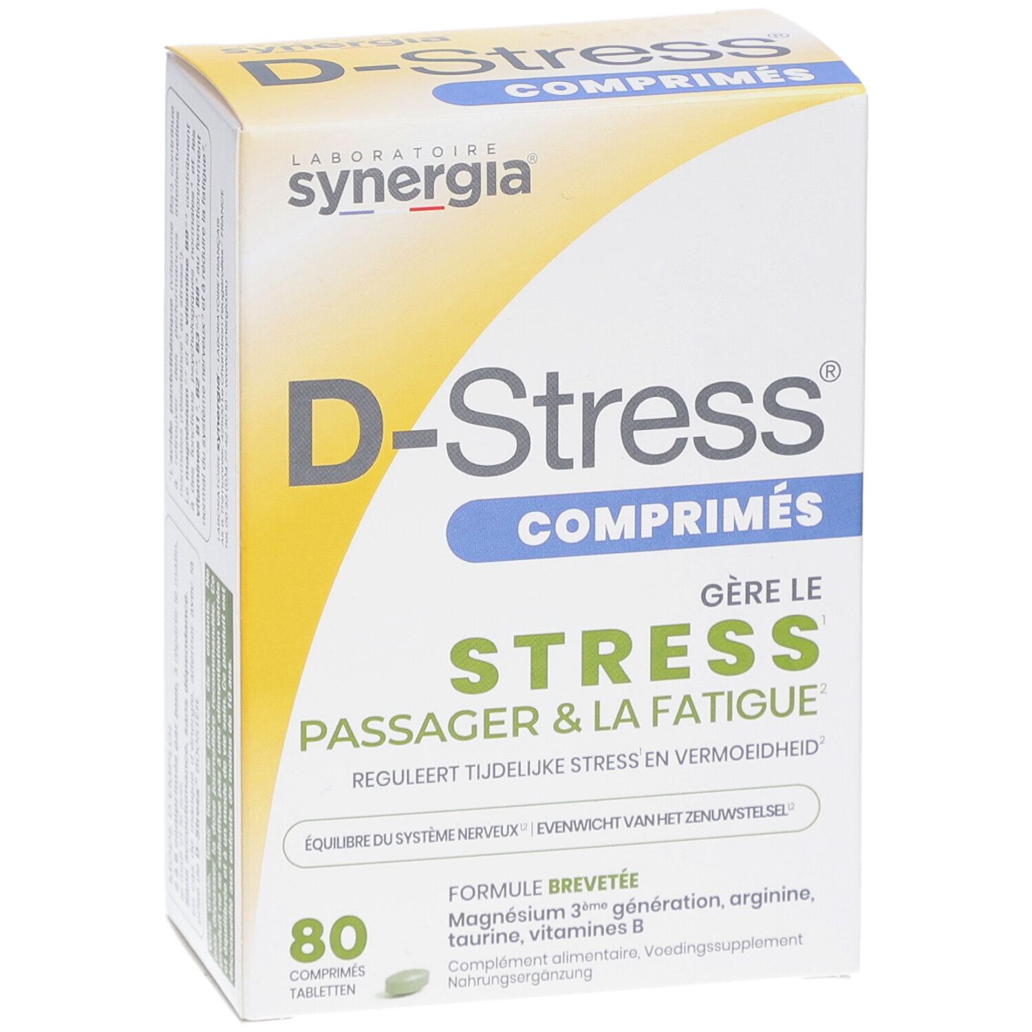 D-Stress Tabletten-Packung. Enthält 80 Tabletten. Aufschrift: Stress reduzieren, Müdigkeit reduzieren. Marke Synergia.
