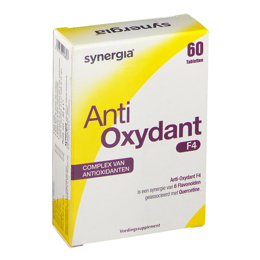 Boîte de comprimés "Anti Oxydant F4" de Synergia. 60 comprimés. Emballage jaune et blanc.
