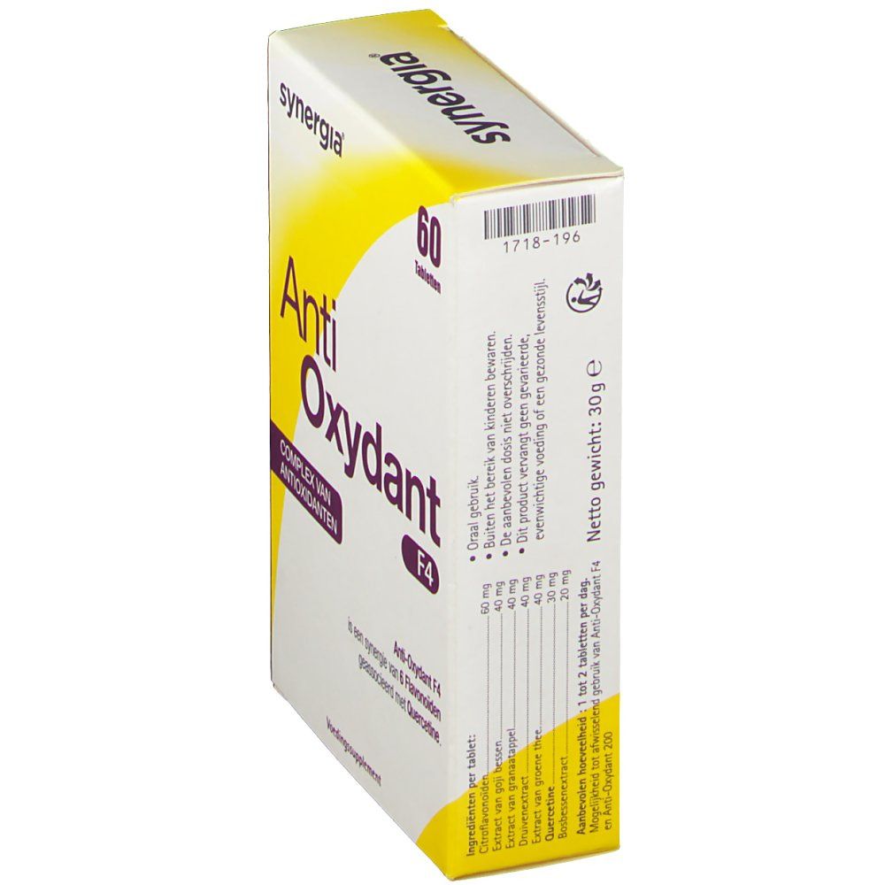 Boîte "Anti Oxydant F4" de Synergia. 60 comprimés. Vue latérale avec informations et code-barres.