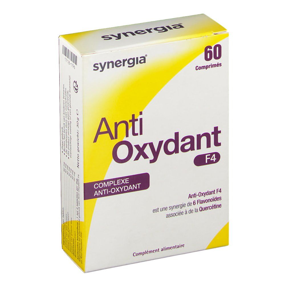 Boîte "Anti Oxydant F4" de Synergia. 60 comprimés. Inscription "Comprimés". Emballage jaune et blanc.