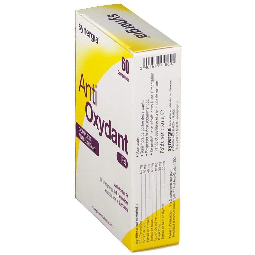 Boîte "Anti Oxydant F4" de Synergia. 60 comprimés. Vue latérale avec informations et code-barres.