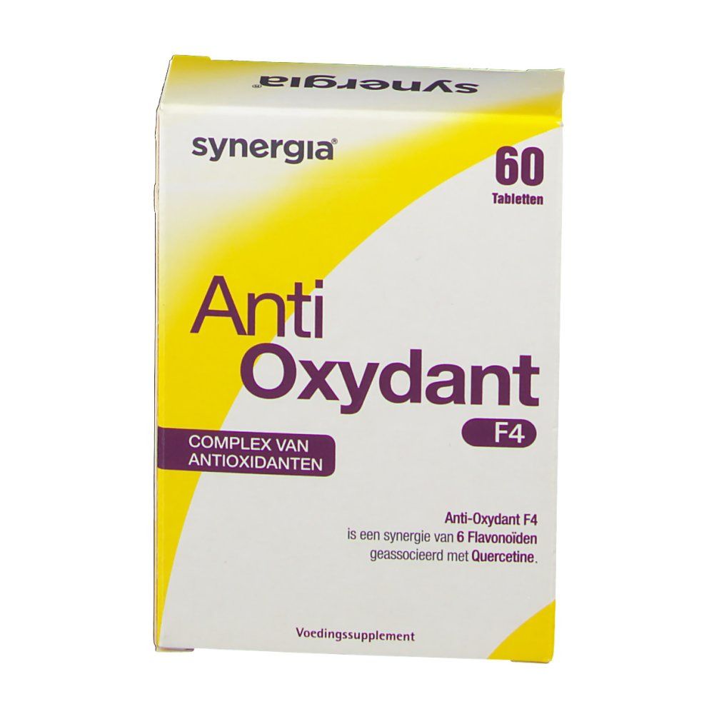 Boîte "Anti Oxydant F4" de Synergia. 60 comprimés. Inscription "Voedingssupplement". Emballage jaune et blanc.