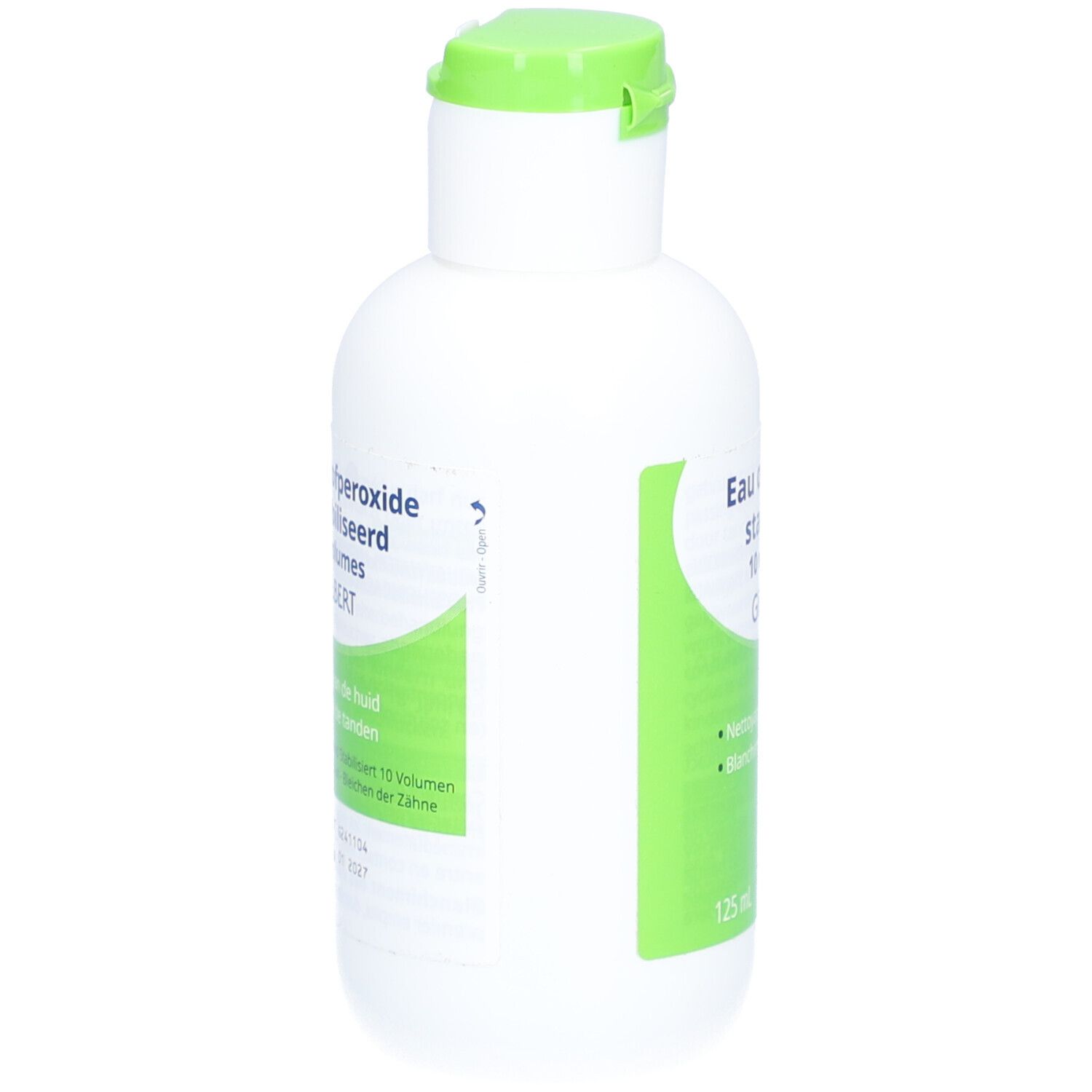 Witte fles met groen etiket. Tekst: Waterstofperoxide gestabiliseerd 10 volumes GILBERT. 125 ml.