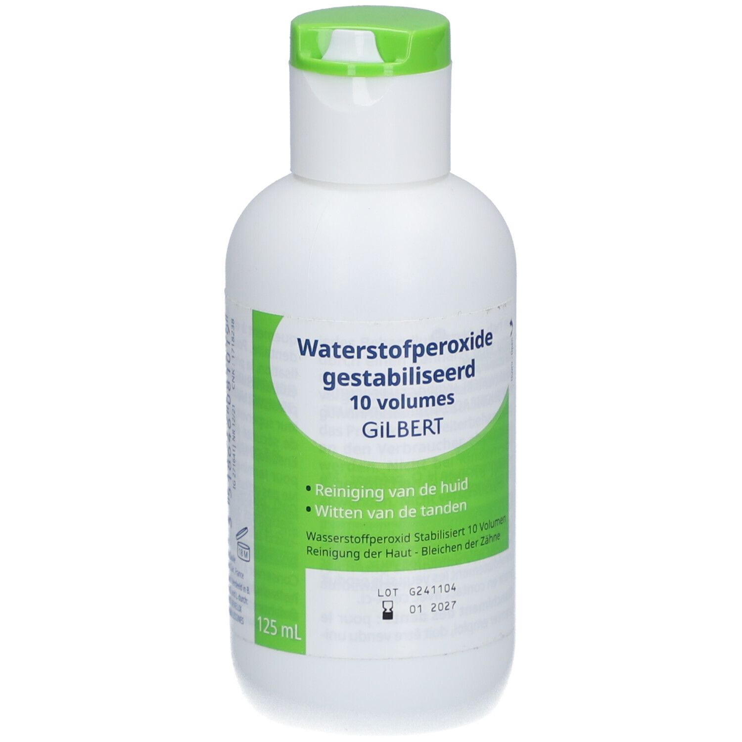 Witte fles met groen etiket. Tekst: Waterstofperoxide gestabiliseerd 10 volumes GILBERT. 125 ml. Lotnummer en vervaldatum.