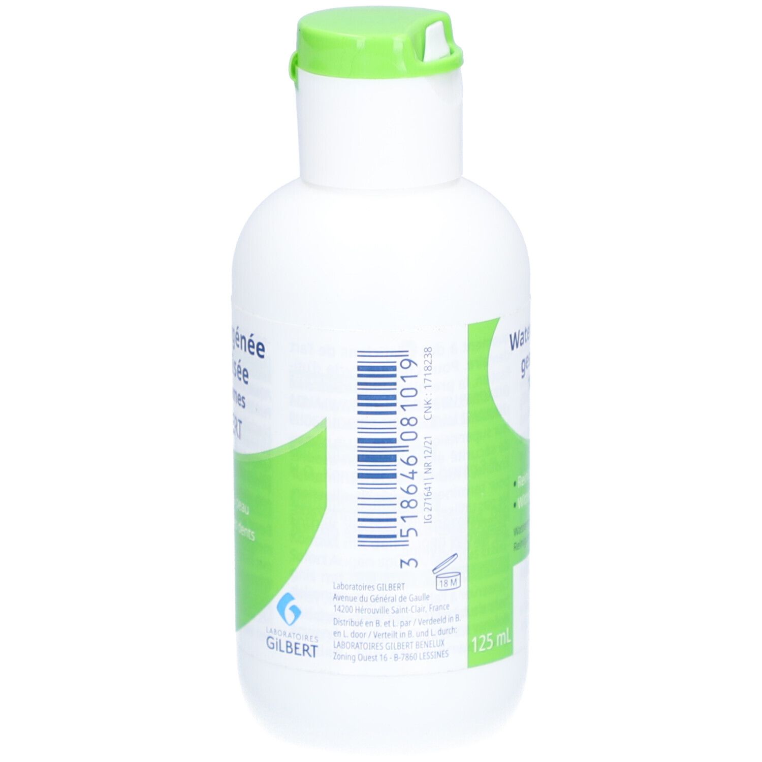 Witte fles met groen etiket. Tekst: Waterstofperoxide gestabiliseerd 10 volumes GILBERT. 125 ml. Barcode.